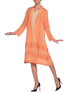 1920S Coral Embroidered Silk Long Sleeve Drop Waist Dress With Faux Shirt Front