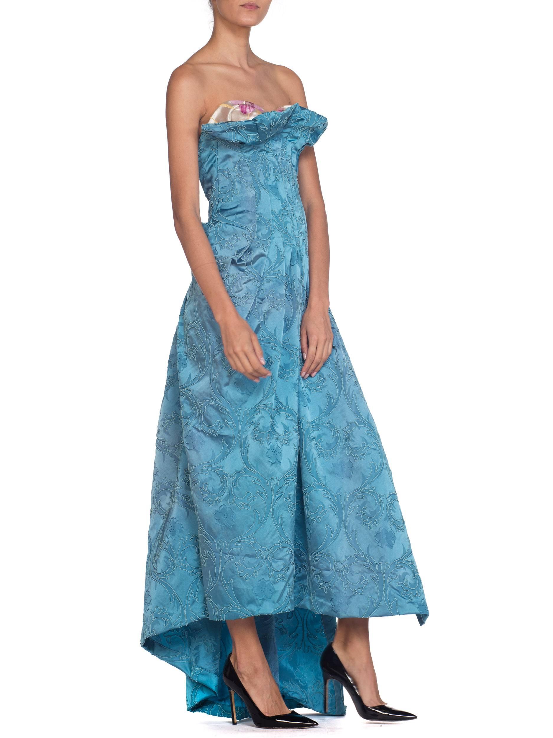 Women's Morphew Strapless Gown with Boning Made from 1950s Blue Satin Demask 