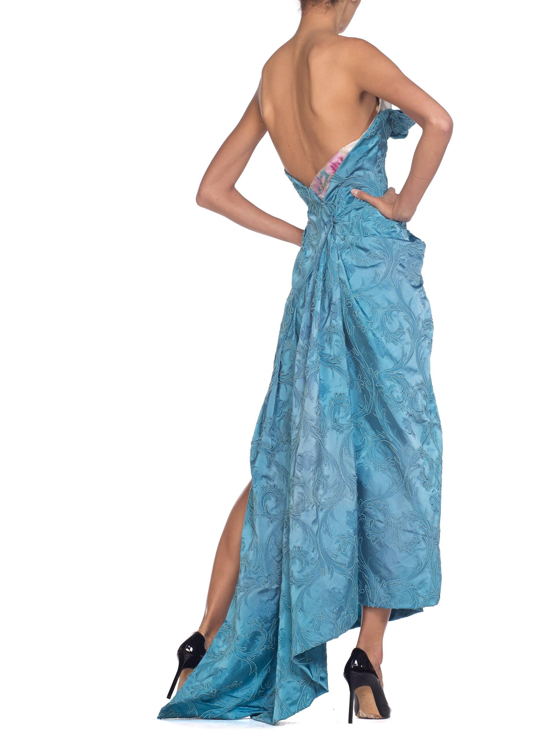 Morphew Strapless Gown with Boning Made from 1950s Blue Satin Demask  1