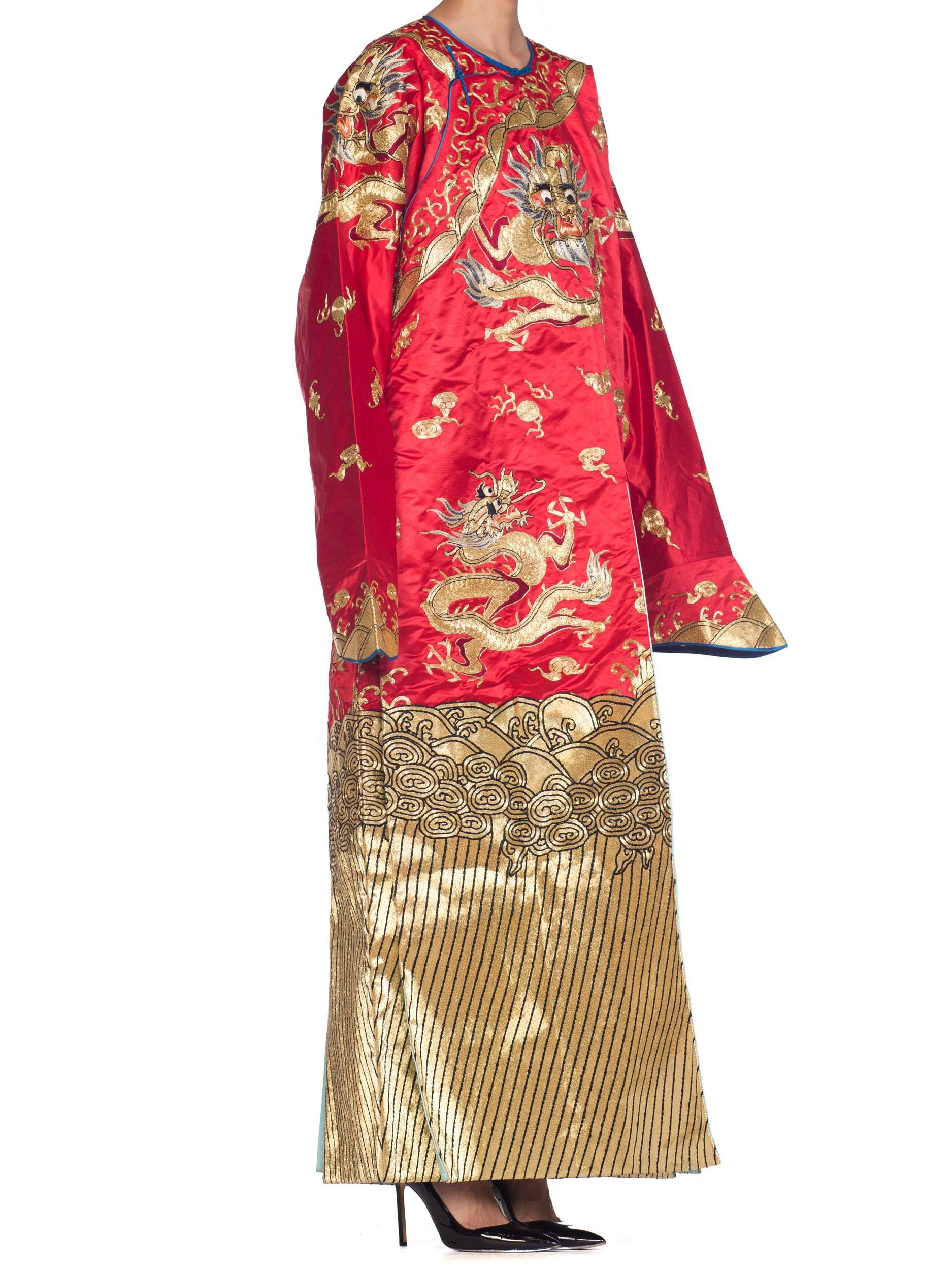1950S Metallic Golden Dragons Embroidered Red Chinese Opera KimonoRobe ...