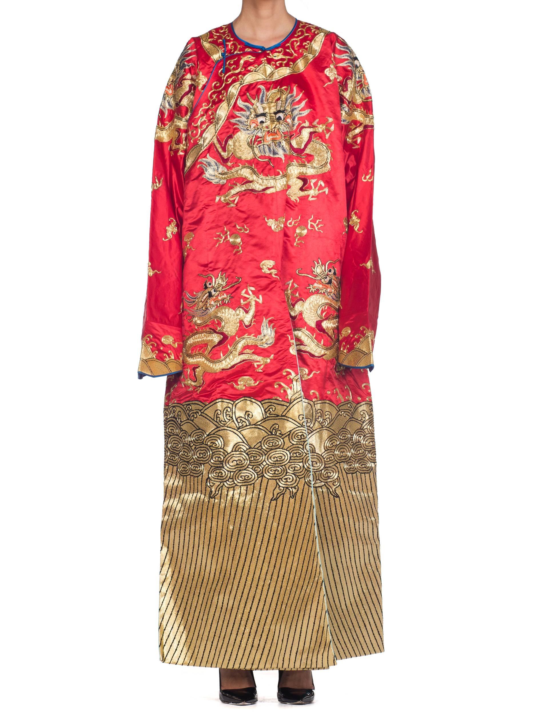 Orange 1950S Metallic Golden Dragons Embroidered Red Chinese Opera  KimonoRobe For Sale