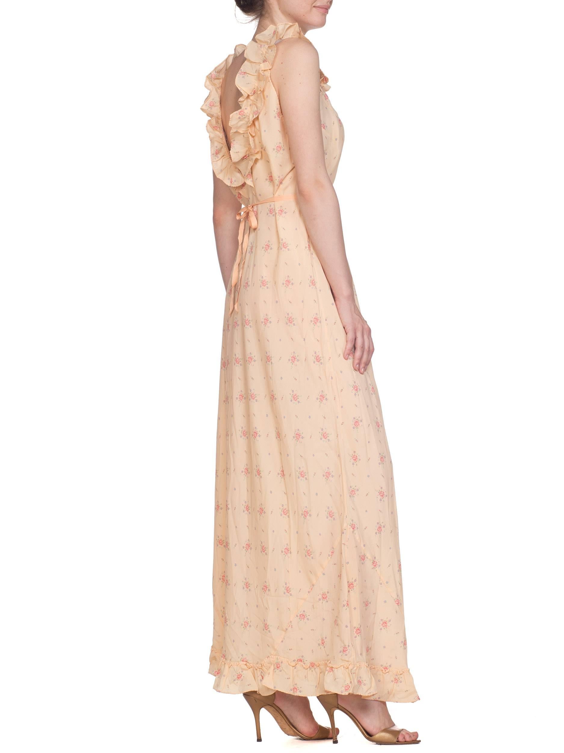 1940S Peach Bias Cut Silk Floral  Negligee With Low Ruffle Back & Waist Ties 1
