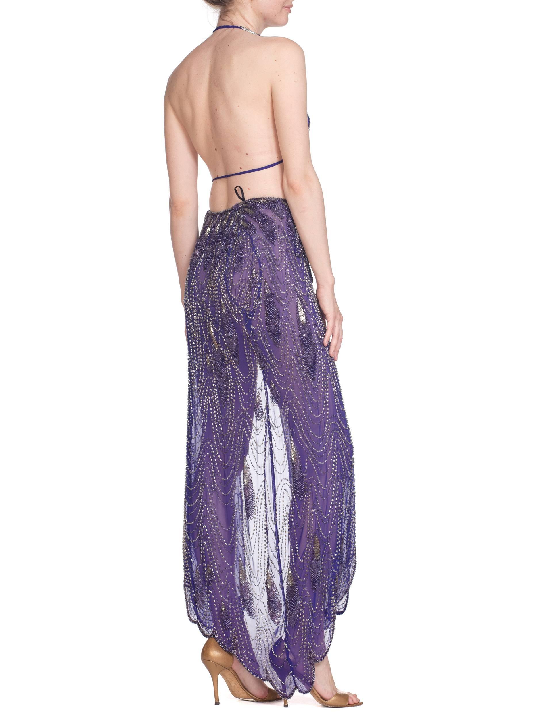 Morphew Collection Cher-Inspired 1970s Beaded Silk Purple Two Piece Ensemble In Excellent Condition In New York, NY