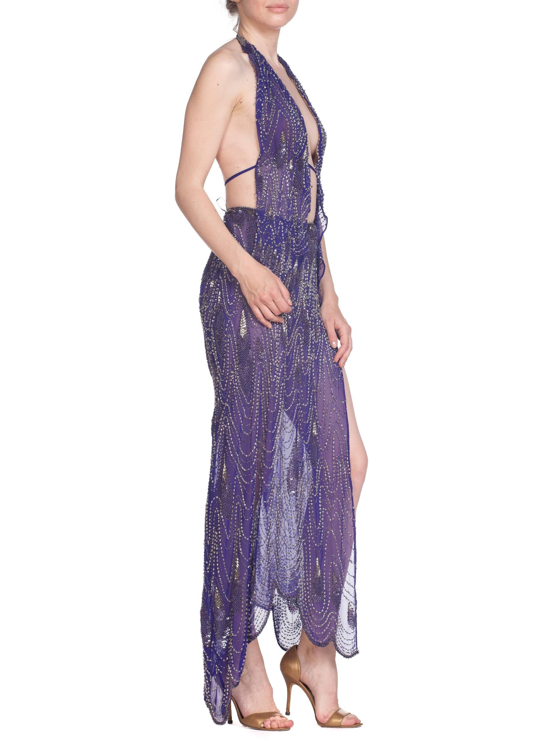 Gray Morphew Collection Cher-Inspired 1970s Beaded Silk Purple Two Piece Ensemble