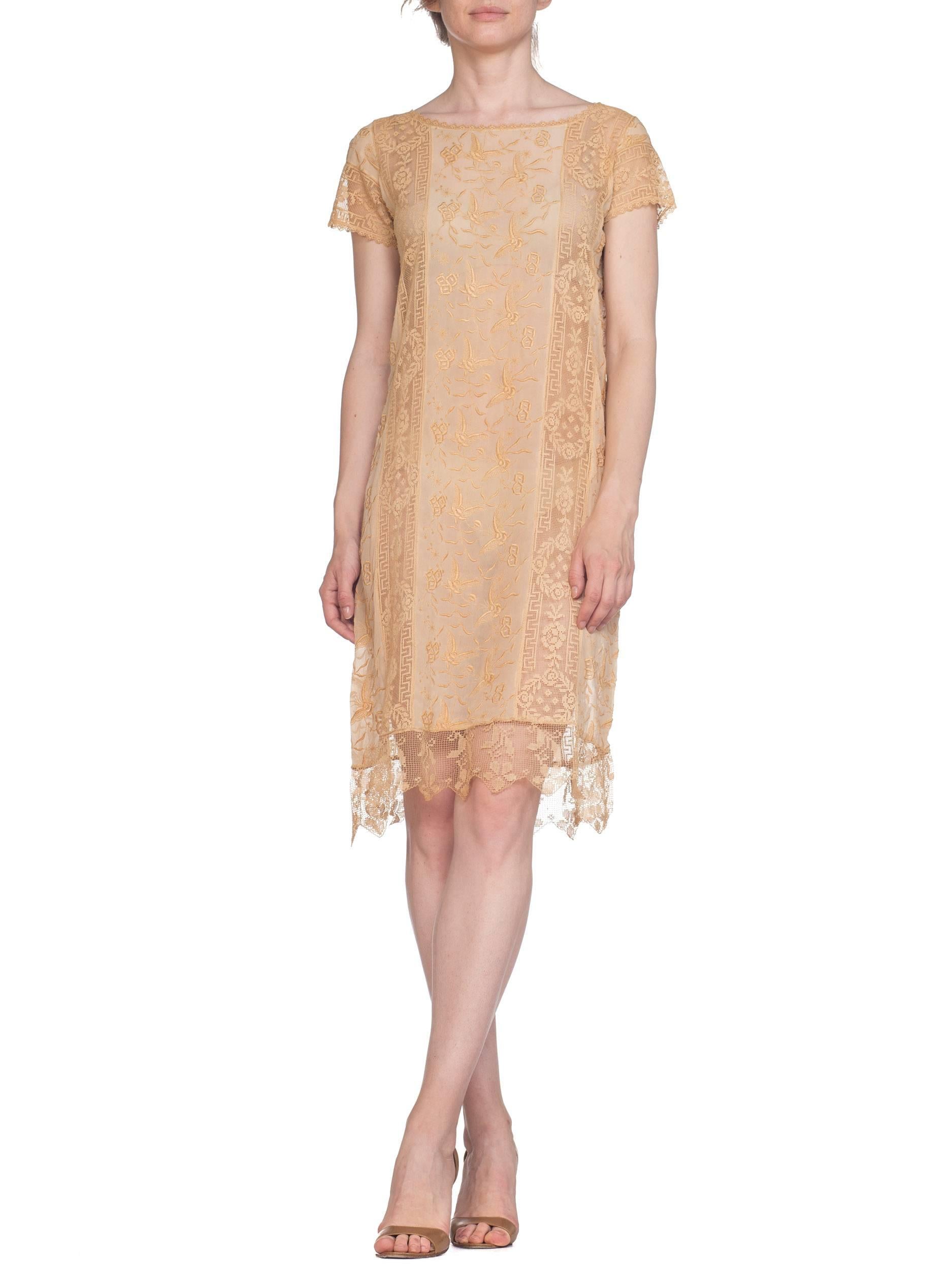 1920S Ecru Silk Chiffon & Handmade Lace Flapper Era Gatsby Tea Dress Embroided With Butterflies