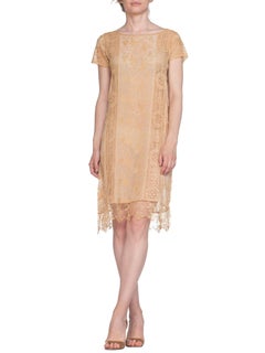 1920S Ecru Silk Chiffon & Handmade Lace Flapper Era Gatsby Tea Dress Embroided
