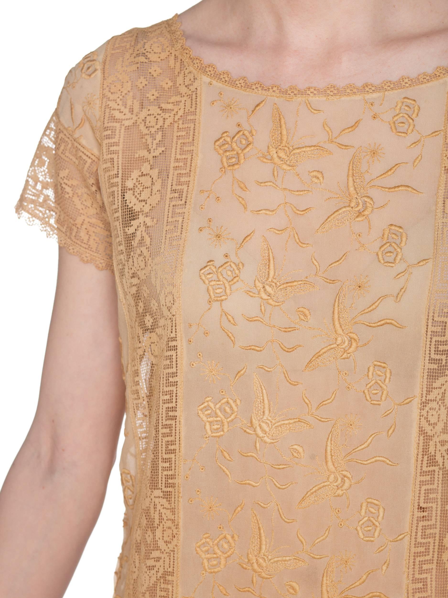 1920S Ecru Silk Chiffon & Handmade Lace Flapper Era Gatsby Tea Dress Embroided  For Sale 2
