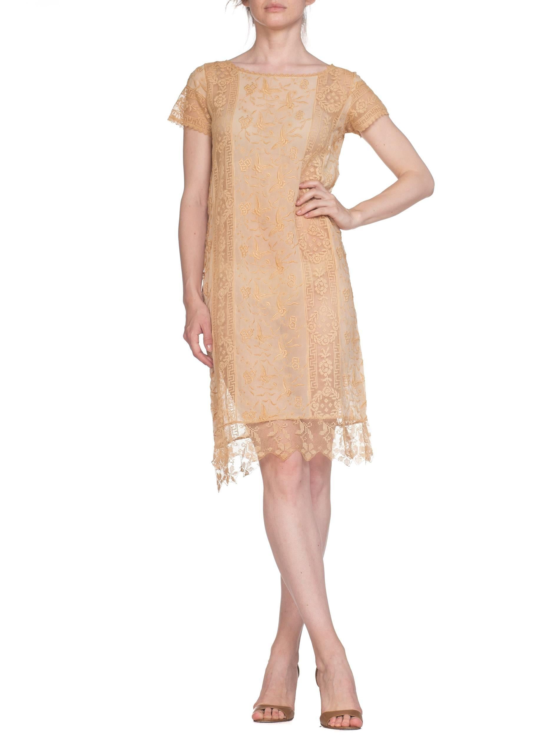 1920S Ecru Silk Chiffon & Handmade Lace Flapper Era Gatsby Tea Dress Embroided  For Sale 1