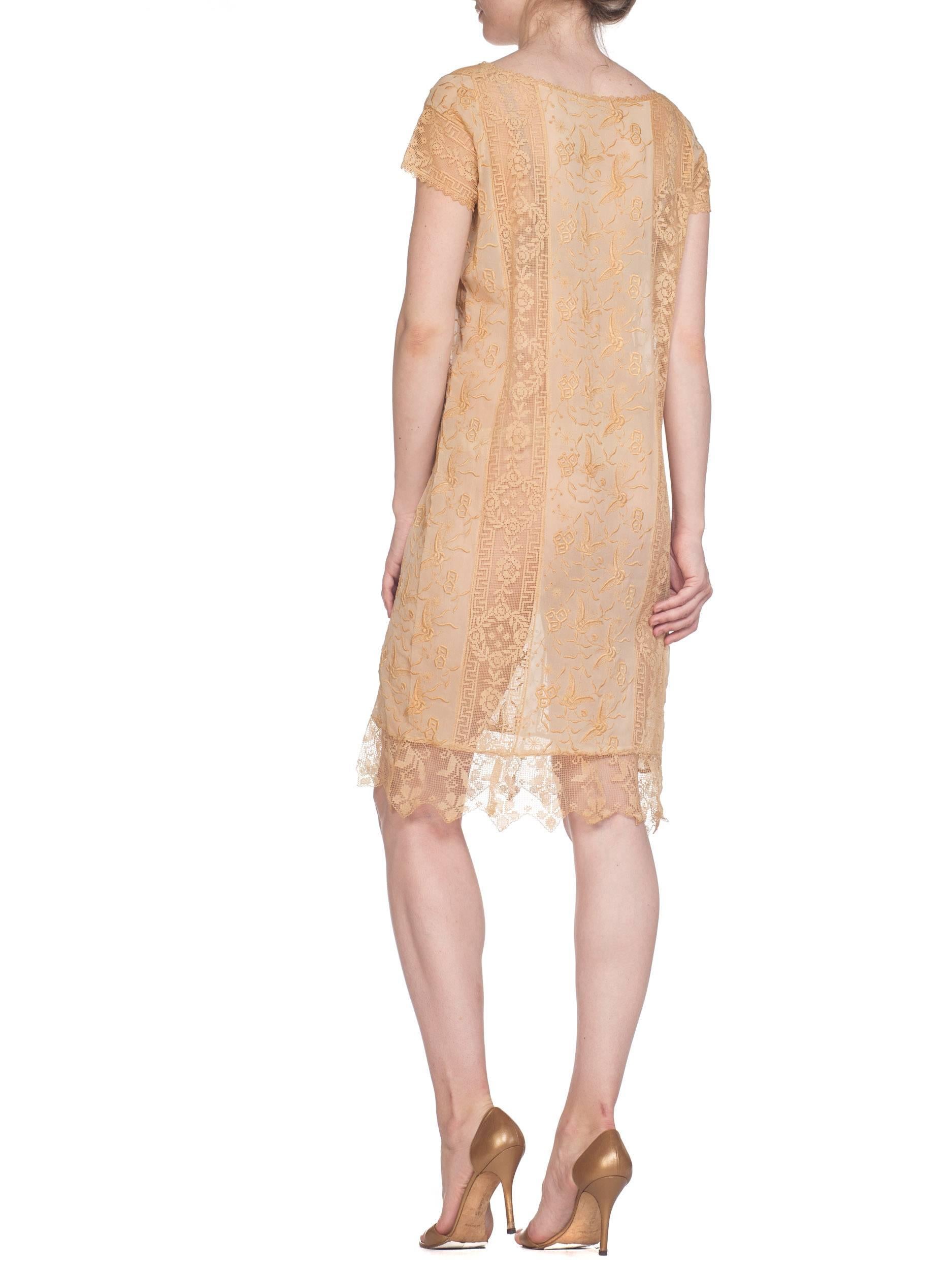Beige 1920S Ecru Silk Chiffon & Handmade Lace Flapper Era Gatsby Tea Dress Embroided  For Sale