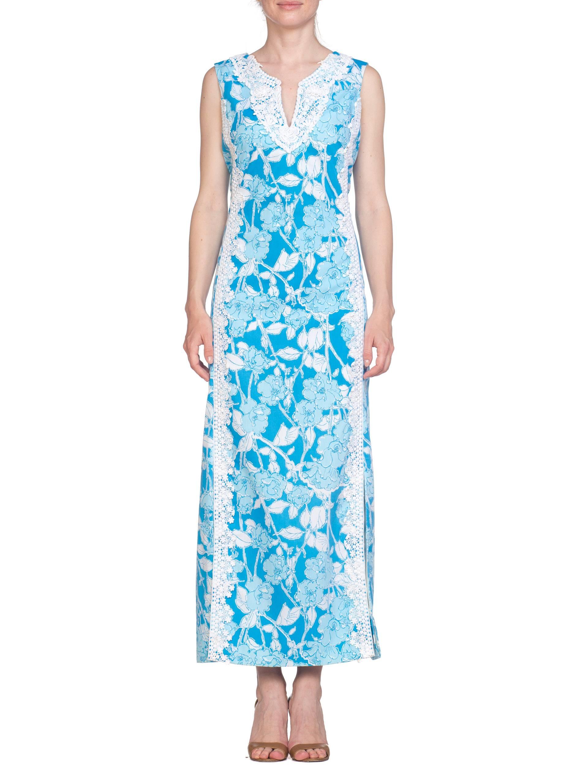 Blue 1960S LILY PULITZER Aqua  Floral Cotton Dress With White Lace Flowers Szl