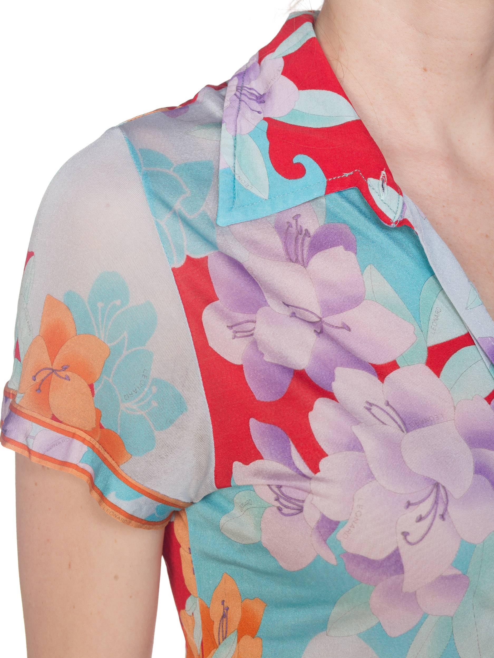 Women's 1980S LEONARD Pastel Sheer Rayon Blend Jersey Tropical Floral Print Dress