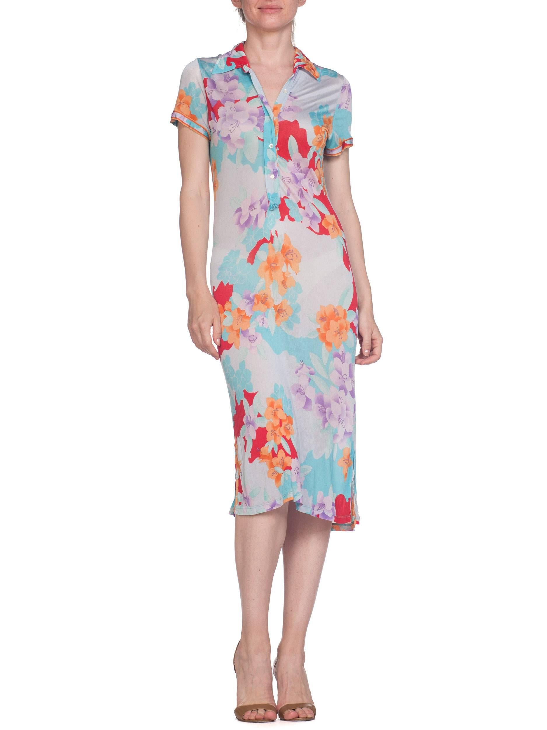 Gray 1980S LEONARD Pastel Sheer Rayon Blend Jersey Tropical Floral Print Dress