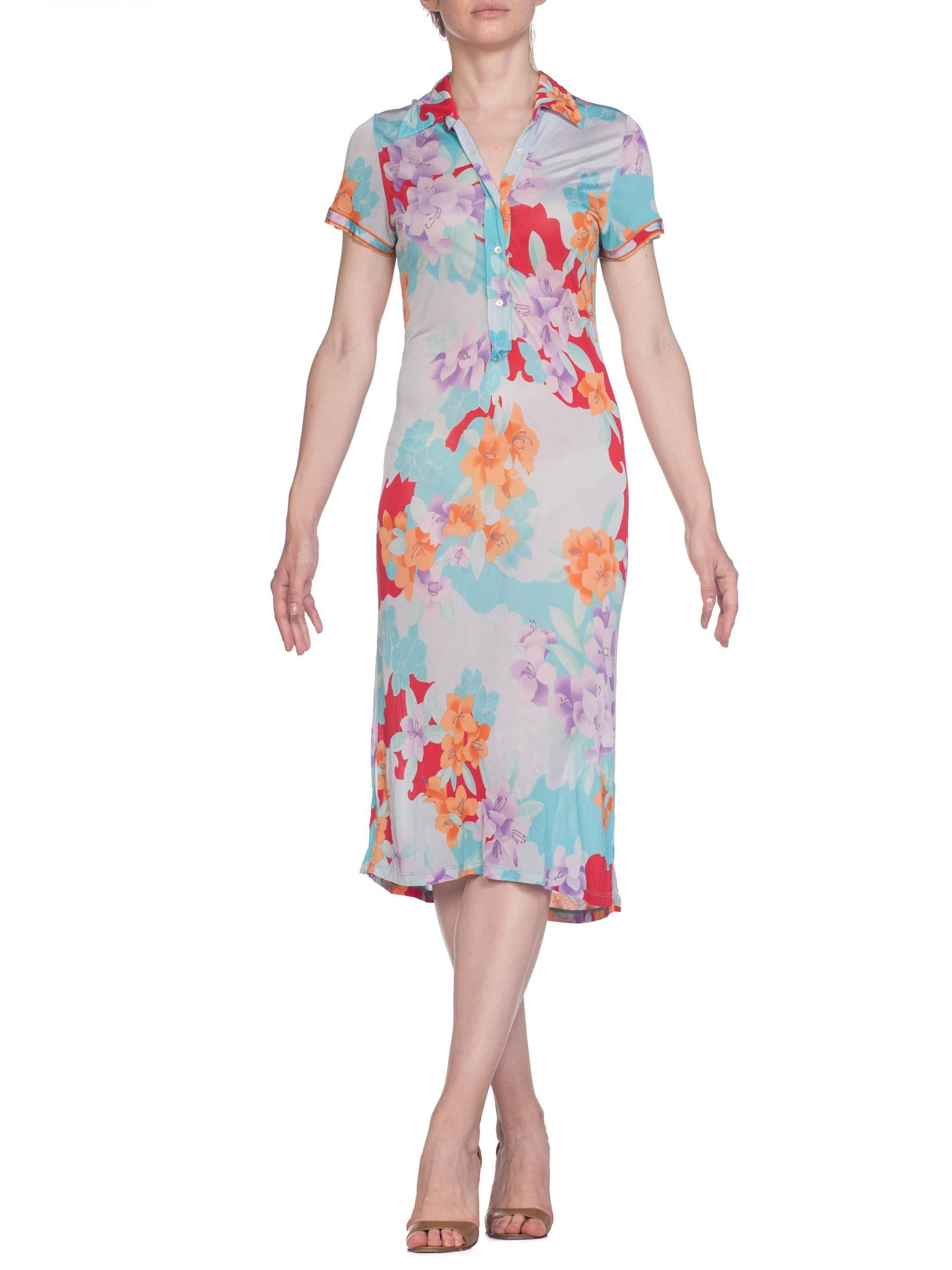 1980S LEONARD Pastel Sheer Rayon Blend Jersey Tropical Floral Print Dress 1