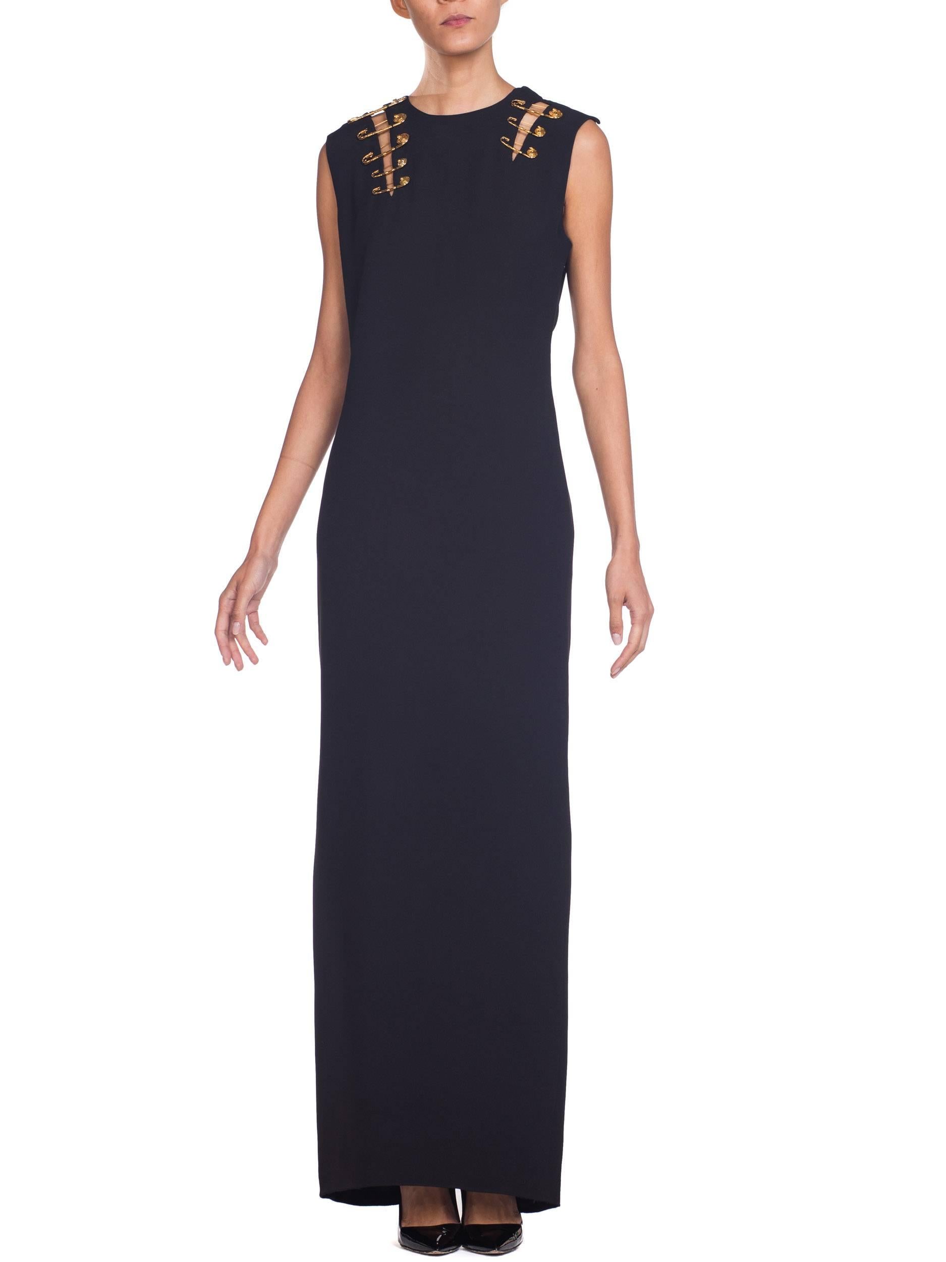 Women's 1990S GIANNI VERSACE Black Silk Crepe Gold Safey Pin Gown For Sale