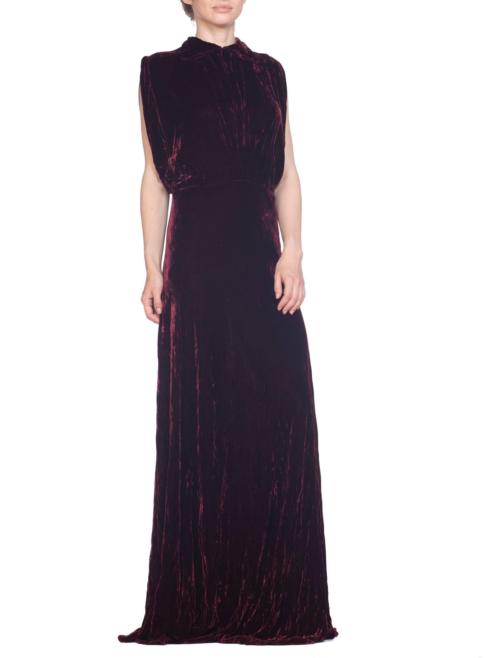 Black 1930S Burgundy Bias Cut Silk Velvet Draped Bodice & Open Sleeve Gown XL For Sale