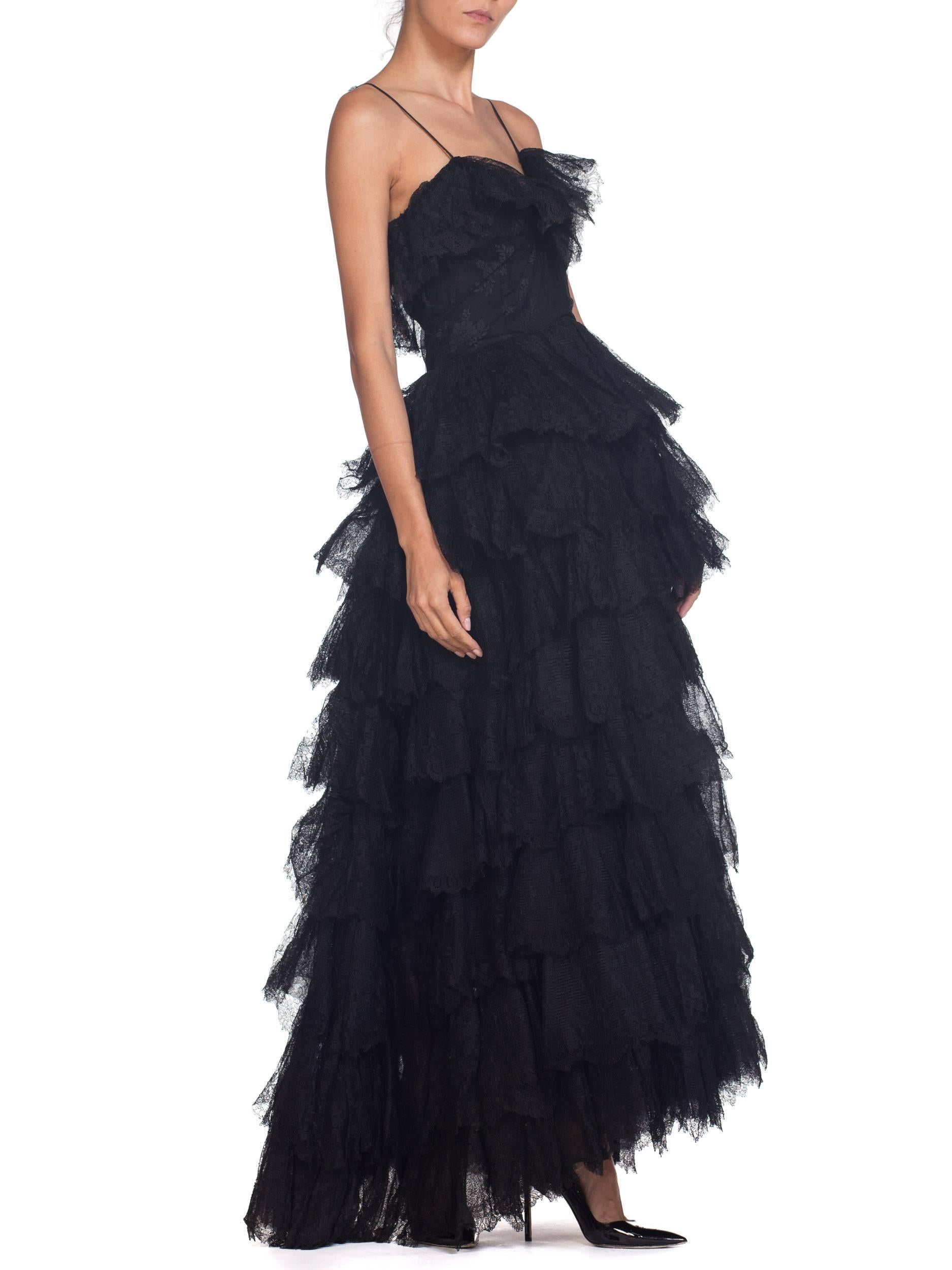 Black Silk Chantilly Lace Ruffled Gown 
