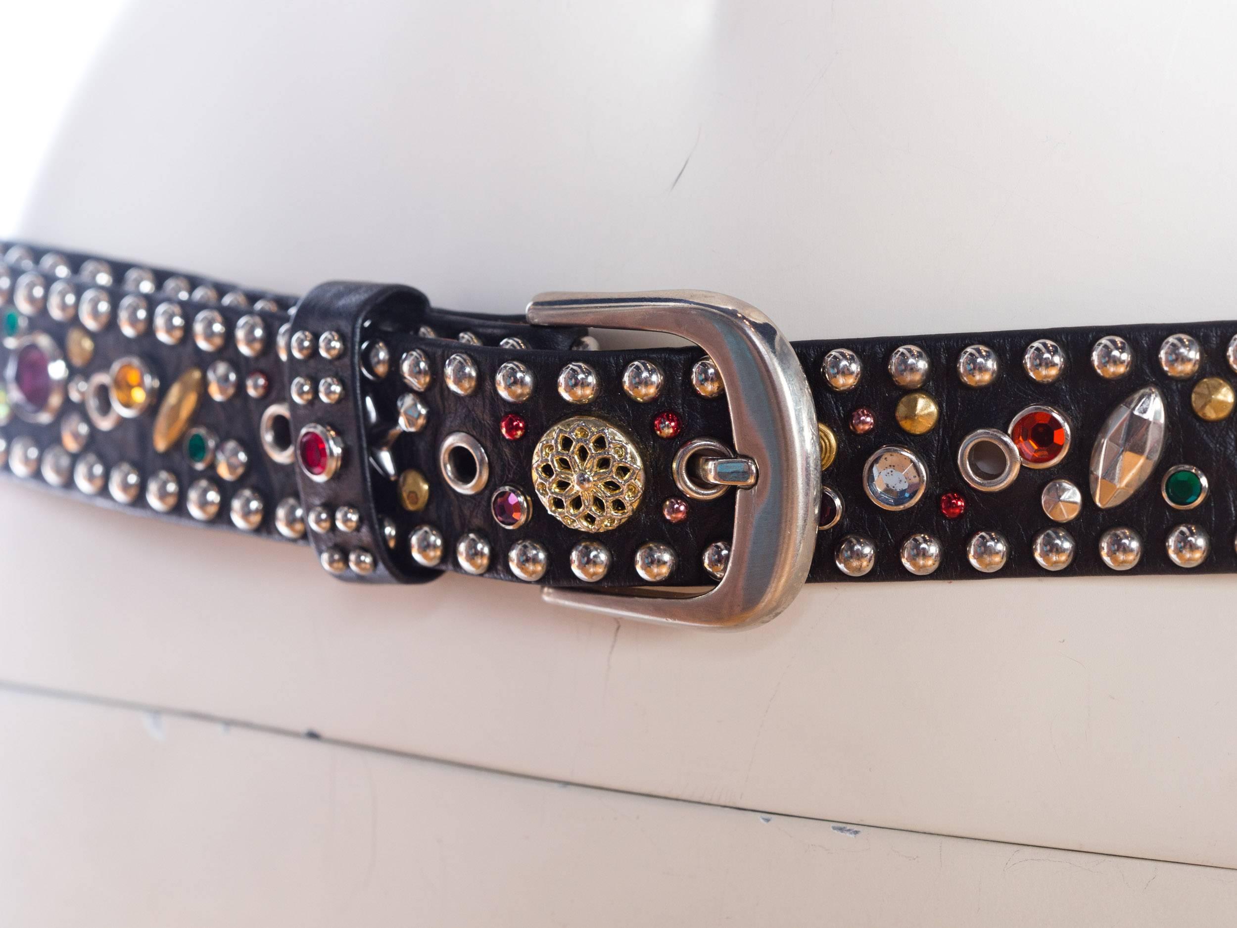 Black 1980s Crystal Studded Leather Belt