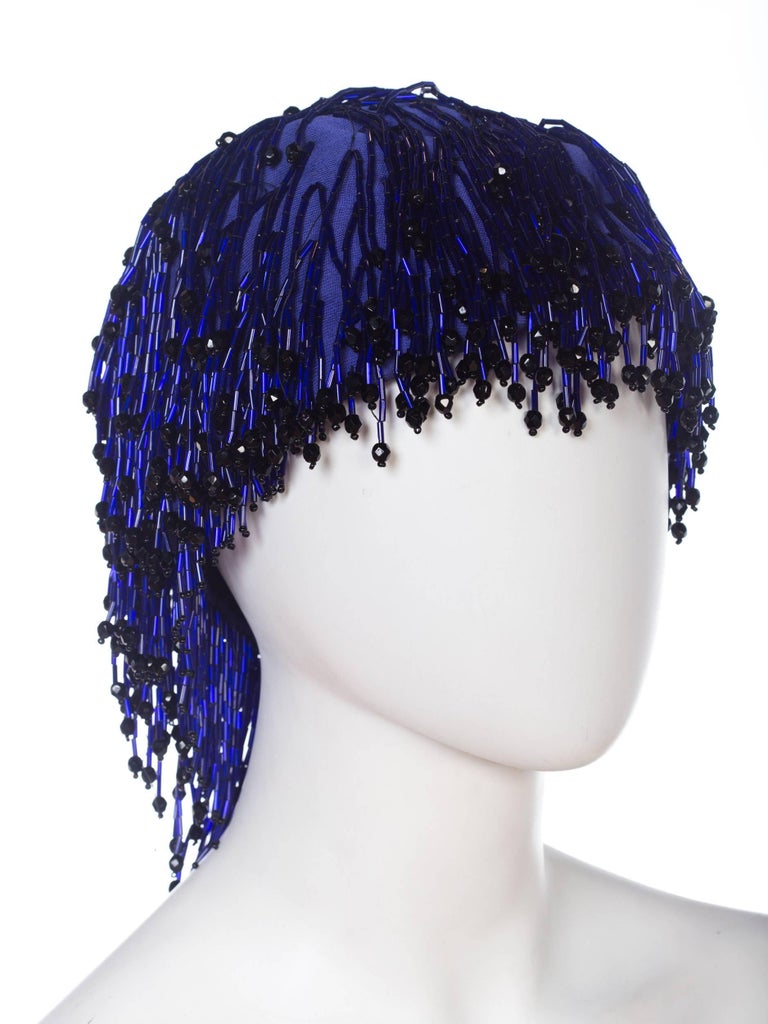 Gray 1970S Cobalt Blue Beaded Fringe Silk Cloché By Tony Chase Hat For Sale