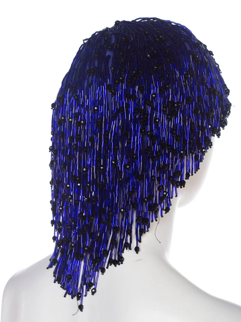 Women's 1970S Cobalt Blue Beaded Fringe Silk Cloché By Tony Chase Hat For Sale