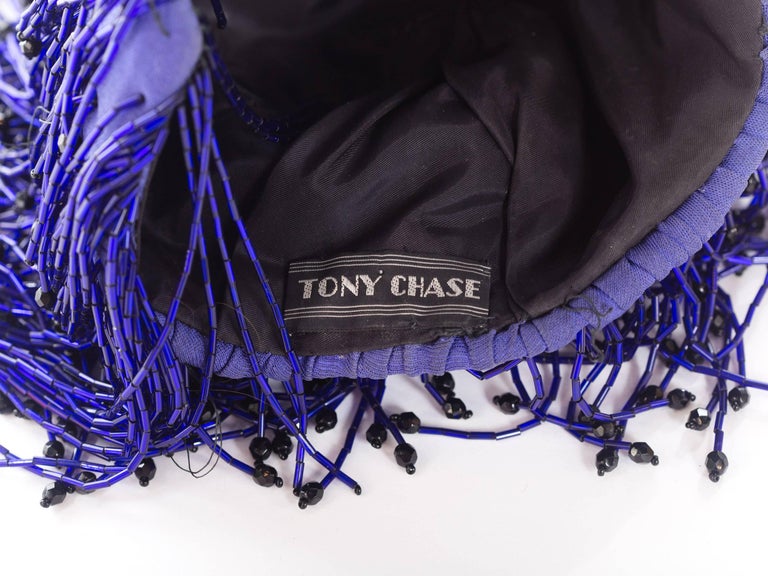 1970S Cobalt Blue Beaded Fringe Silk Cloché By Tony Chase Hat For Sale 1
