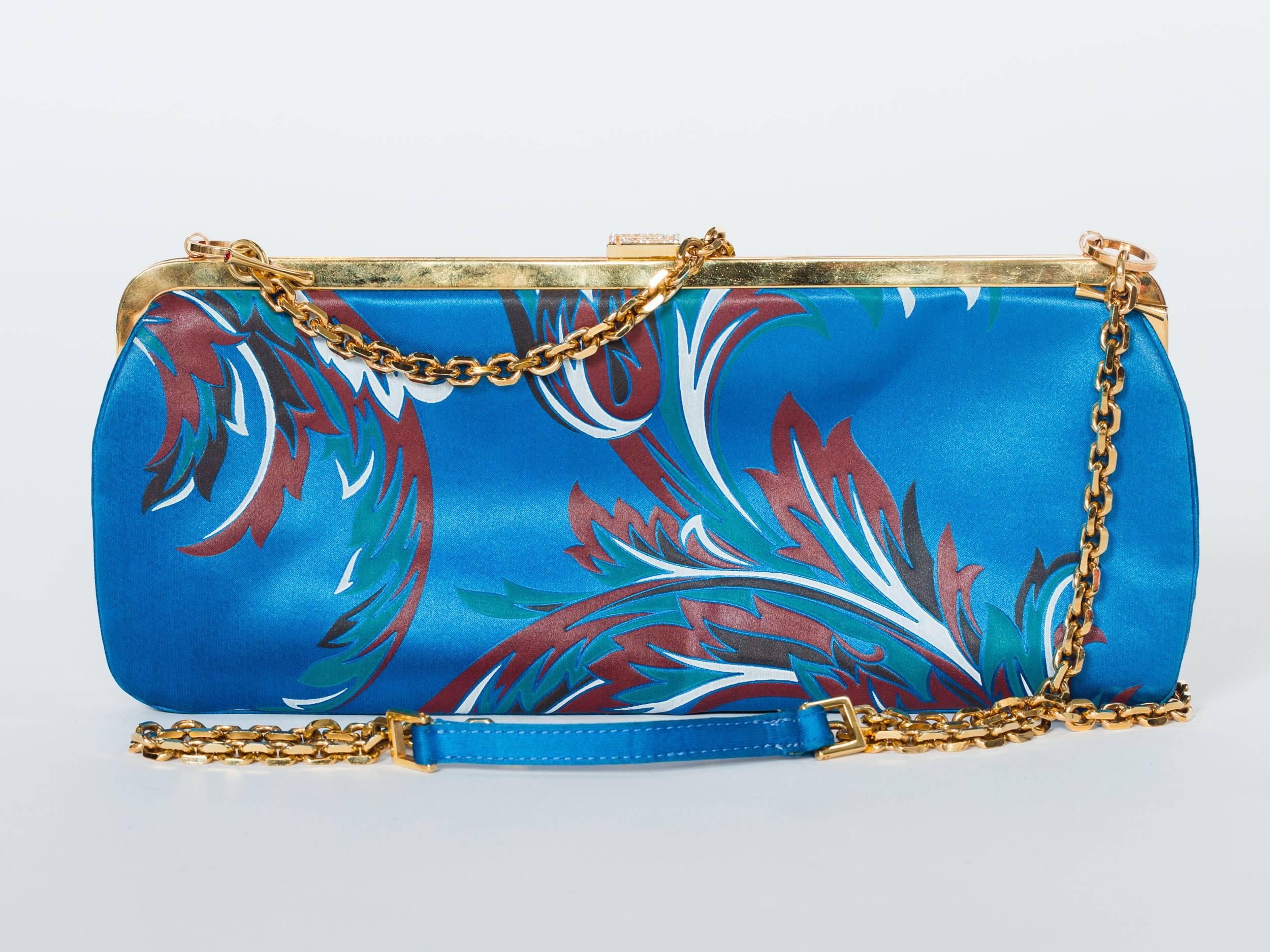 Blue 1990S GIANNI VERSACE Baroque Satin Clutch With Gold Chain Strap & Crystals Hand