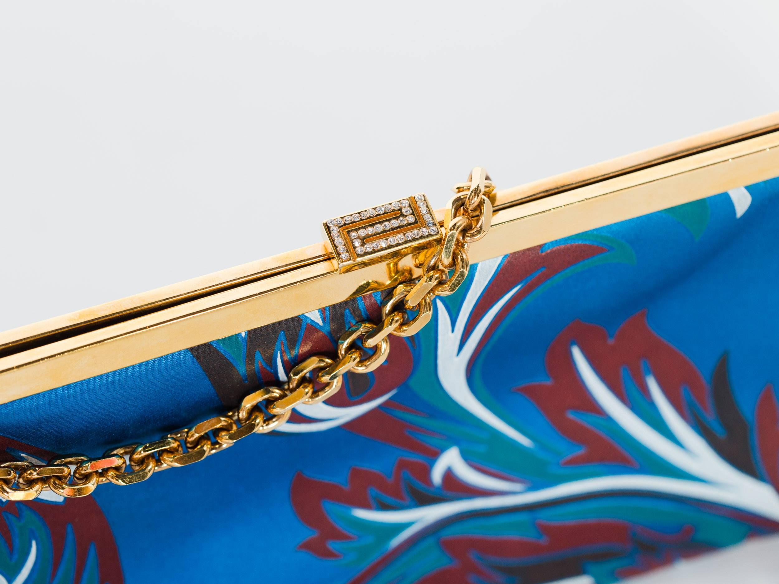 1990S GIANNI VERSACE Baroque Satin Clutch With Gold Chain Strap & Crystals Hand In Excellent Condition In New York, NY