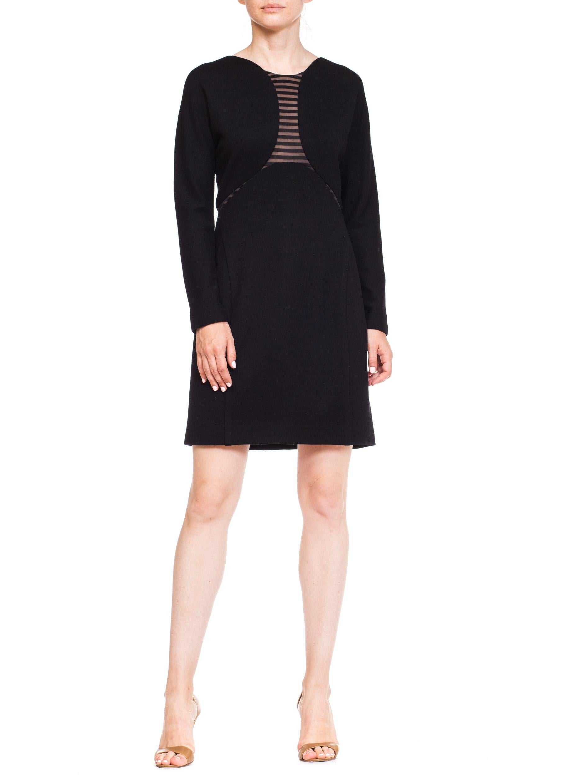1990S GEOFFREY BEENE Black Wool Jersey Long Sleeve  Dress With Sheer Striped Pa In Excellent Condition For Sale In New York, NY