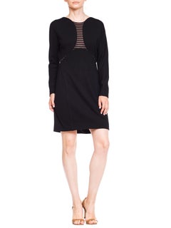1990S GEOFFREY BEENE Black Wool Jersey Long Sleeve  Dress With Sheer Striped Pa
