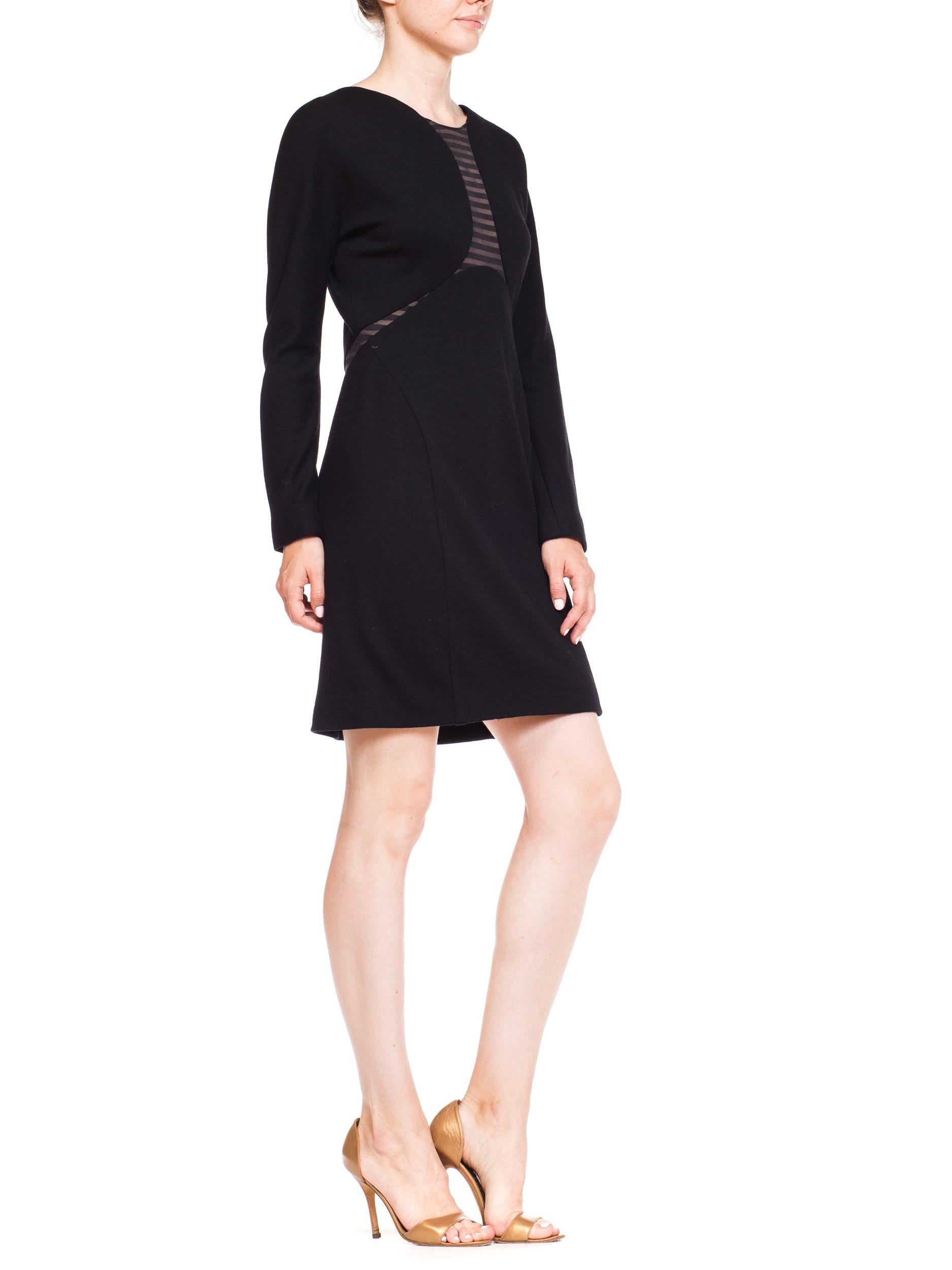 Women's 1990S GEOFFREY BEENE Black Wool Jersey Long Sleeve  Dress With Sheer Striped Pa For Sale