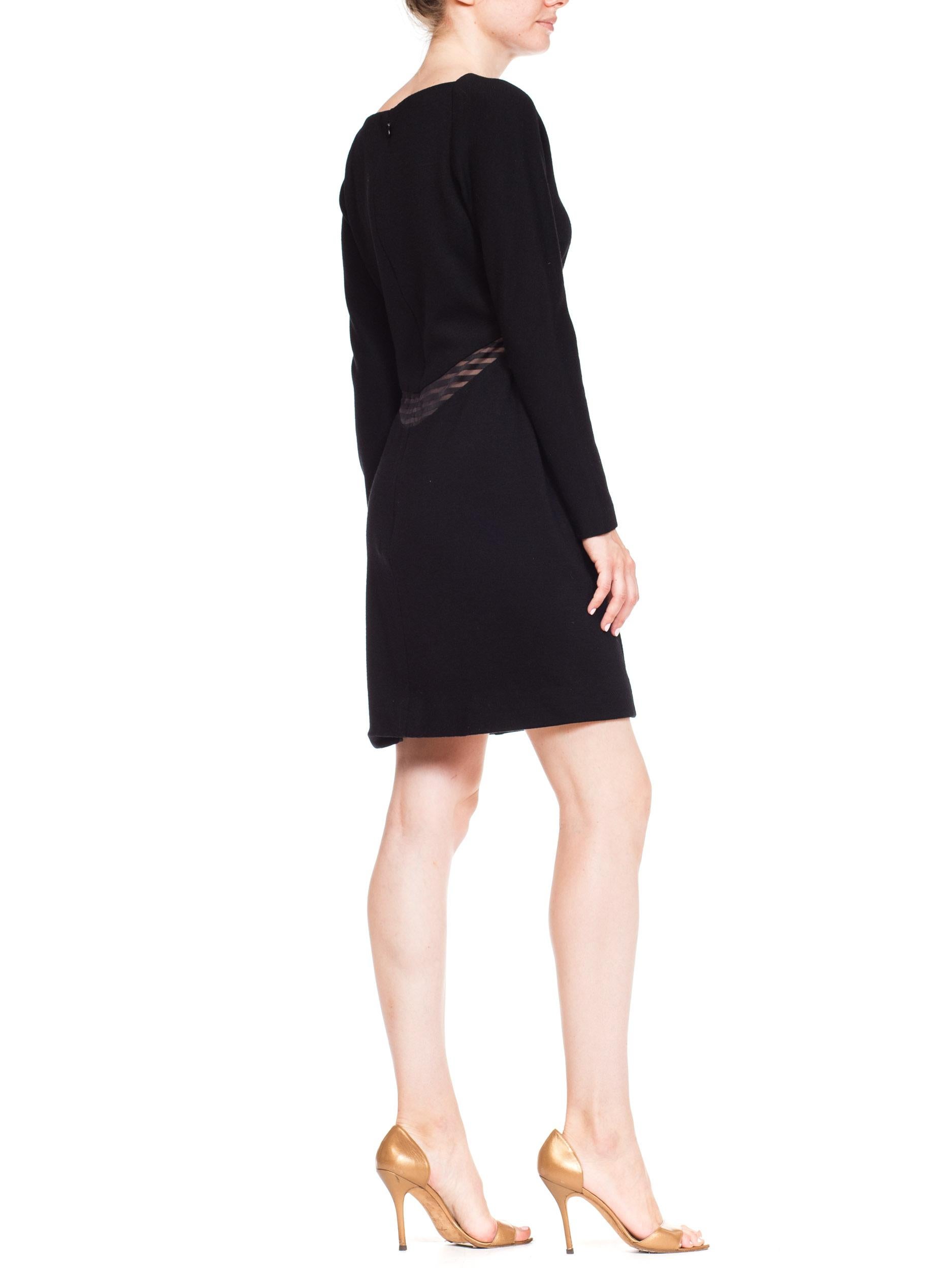 1990S GEOFFREY BEENE Black Wool Jersey Long Sleeve  Dress With Sheer Striped Pa For Sale 1