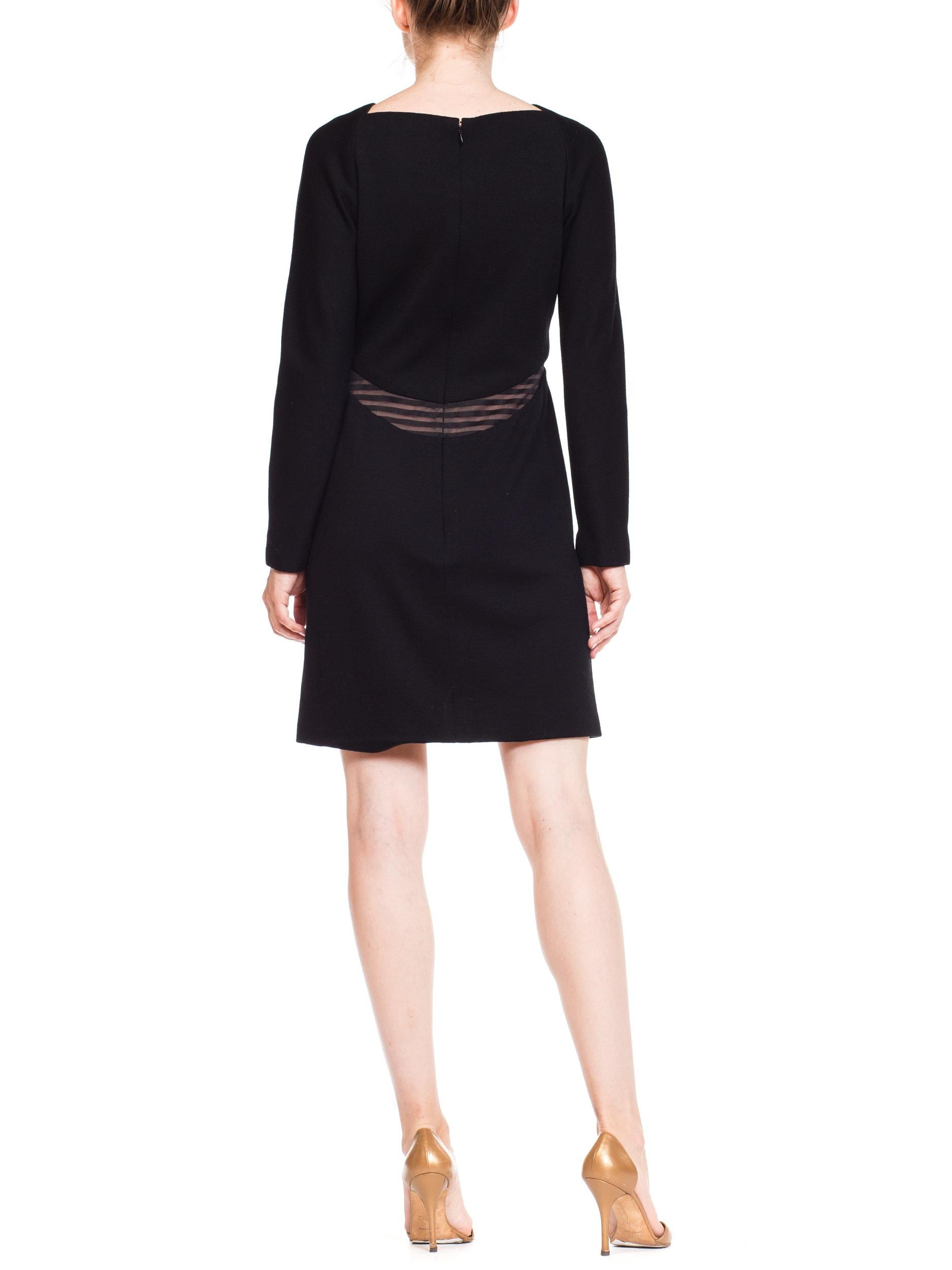 1990S GEOFFREY BEENE Black Wool Jersey Long Sleeve  Dress With Sheer Striped Pa For Sale 2
