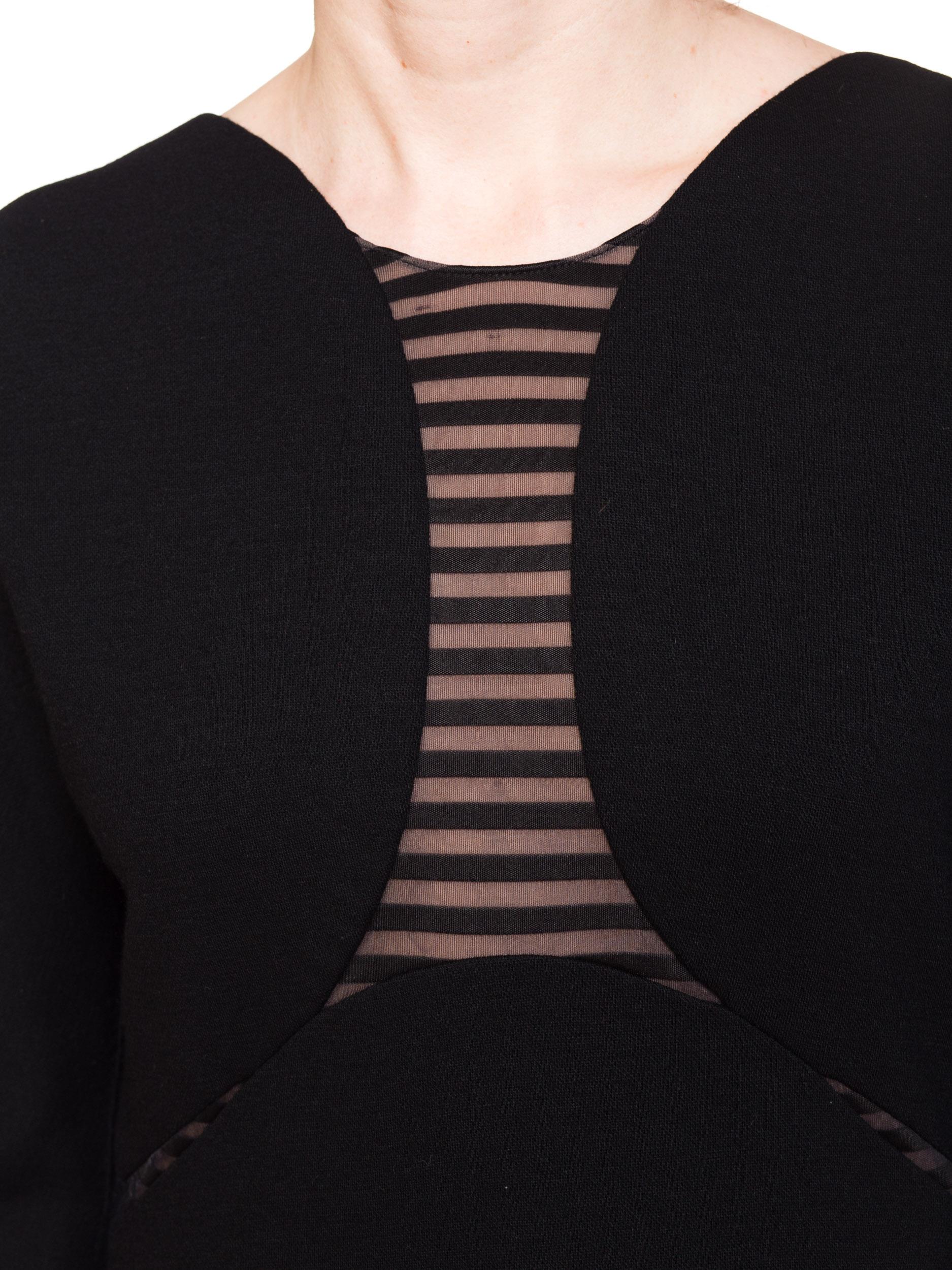 1990S GEOFFREY BEENE Black Wool Jersey Long Sleeve  Dress With Sheer Striped Pa For Sale 5