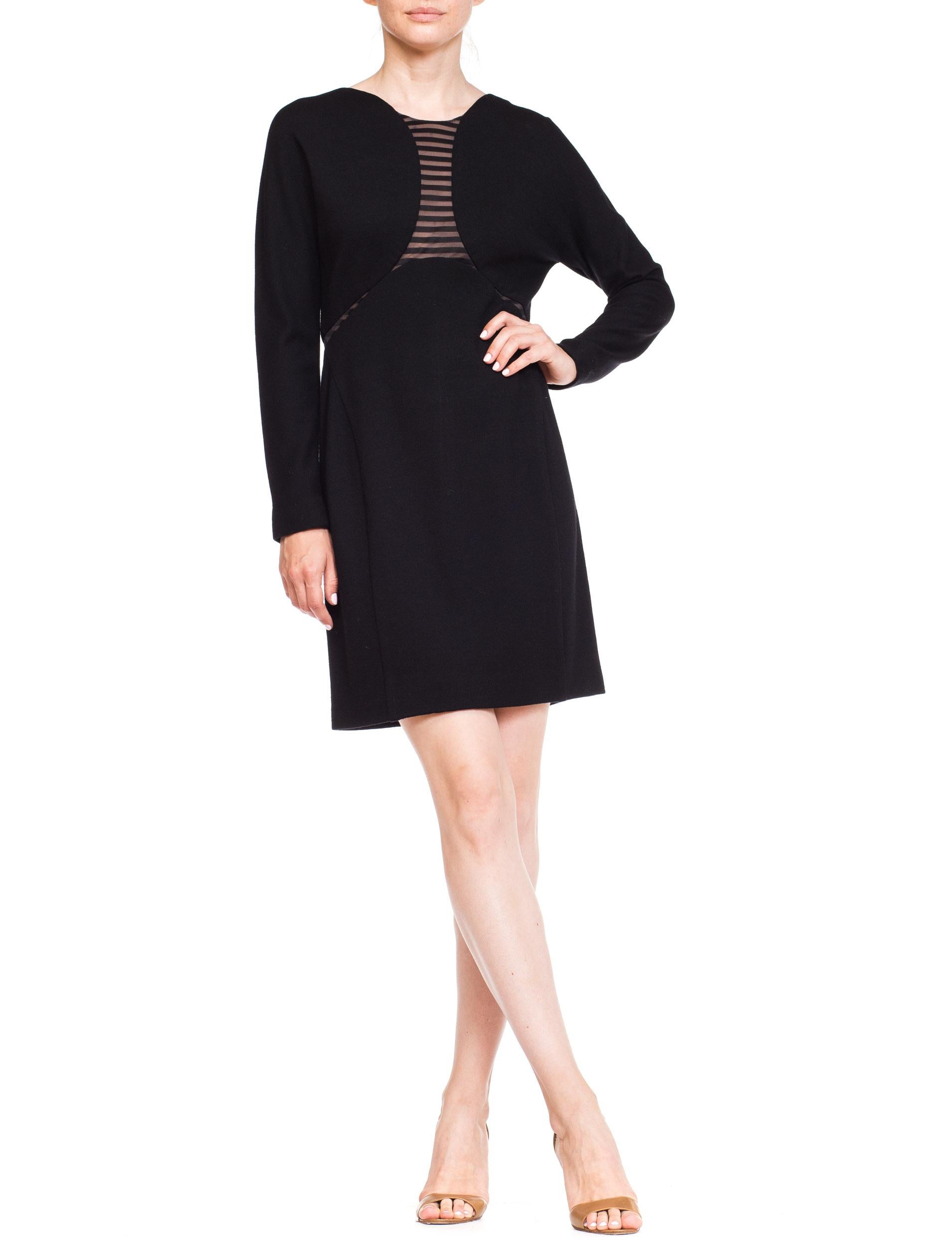 1990S GEOFFREY BEENE Black Wool Jersey Long Sleeve  Dress With Sheer Striped Pa For Sale 4