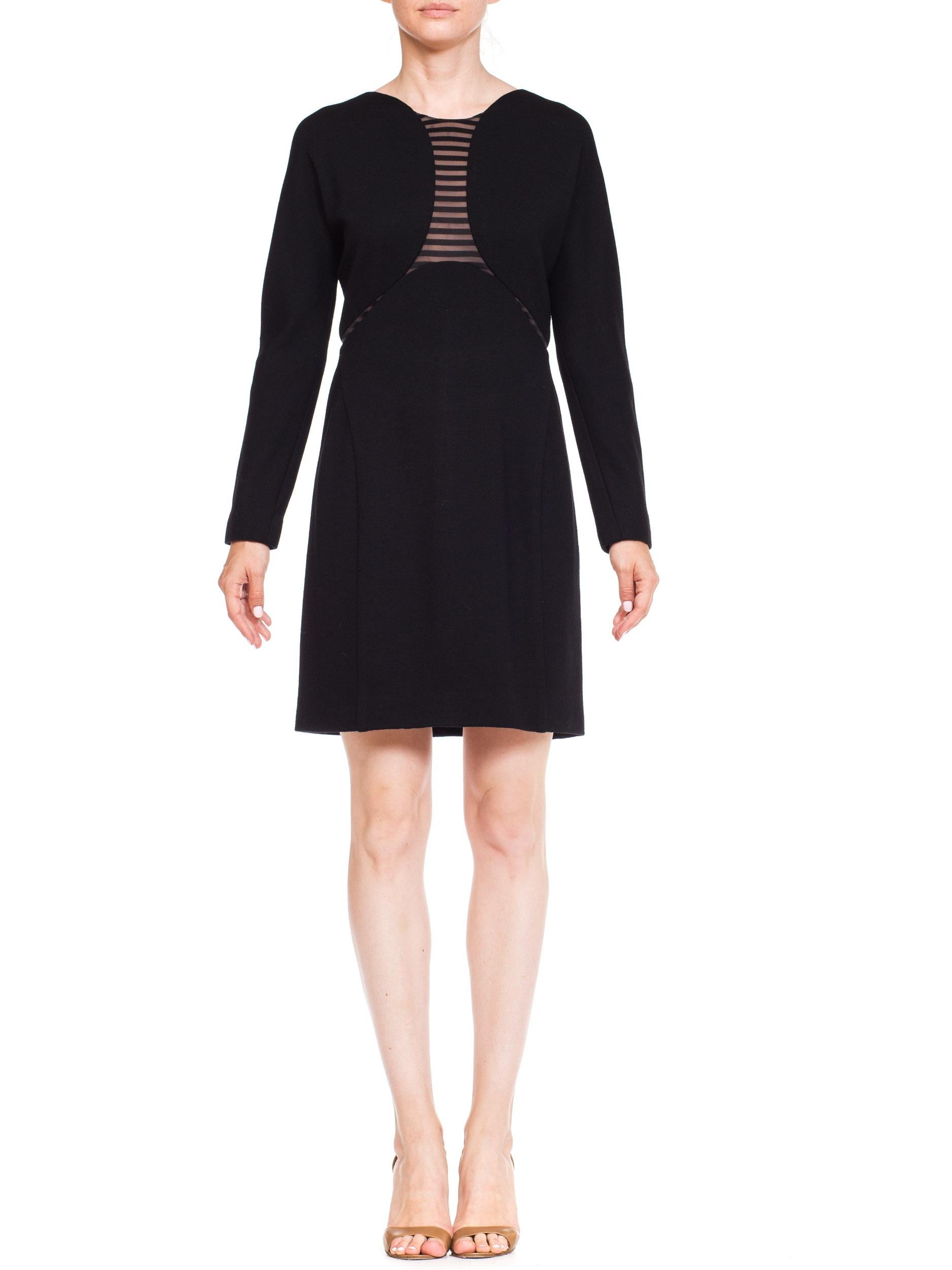 1990S GEOFFREY BEENE Black Wool Jersey Long Sleeve  Dress With Sheer Striped Pa For Sale 6