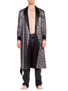 1960s Black and White Foulard Print Men's Satin Smoking Jacket Robe