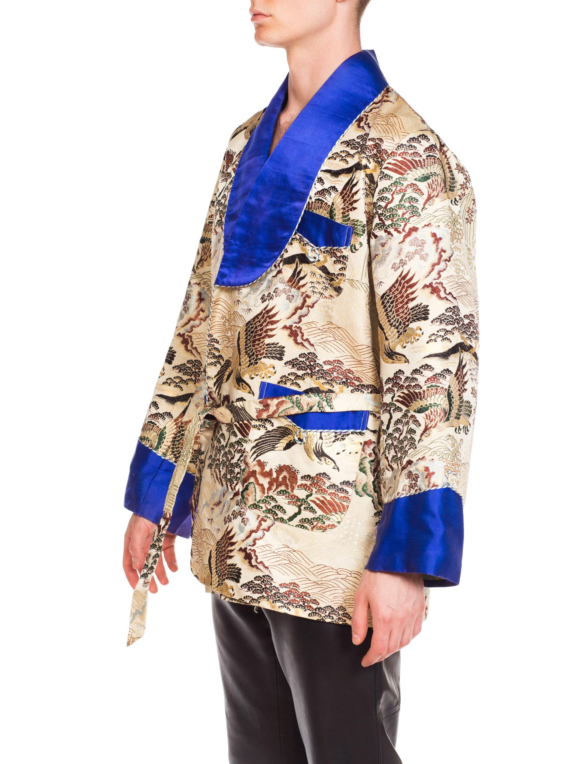 1970s Asian Kimono Scenic Smoking Jacket with Blue Satin Trim