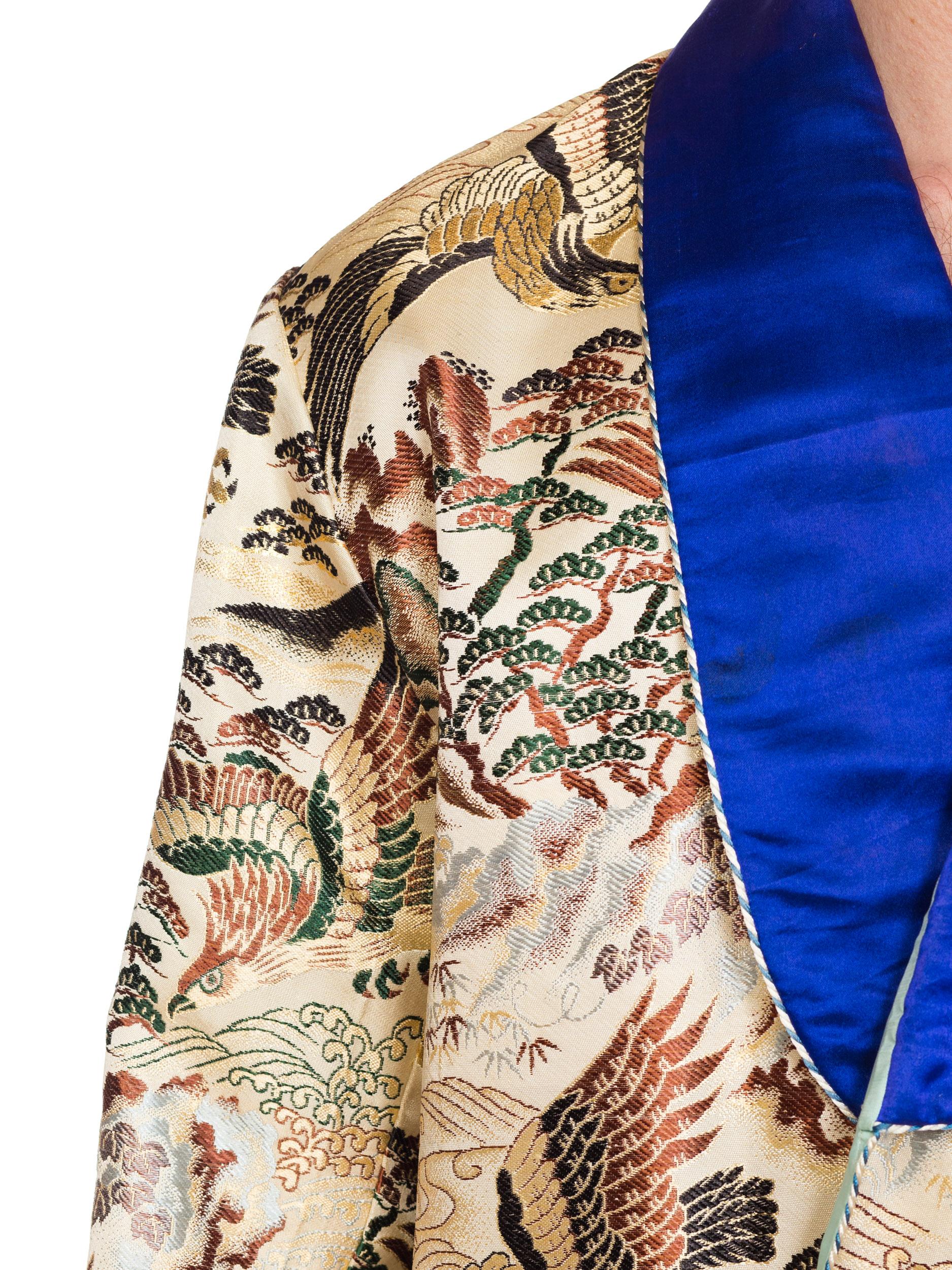 Asian Kimono Scenic Smoking Jacket with Blue Satin Trim, 1970s  In Excellent Condition In New York, NY