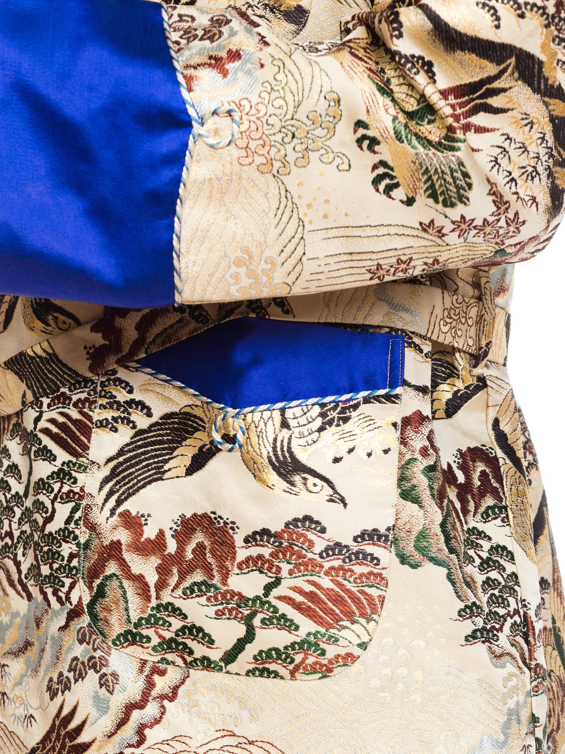 Asian Kimono Scenic Smoking Jacket with Blue Satin Trim, 1970s  1