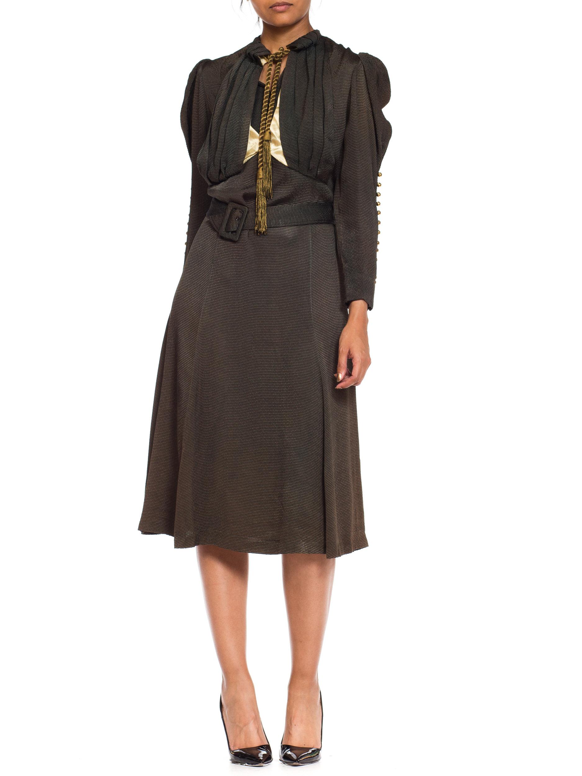 1930s Olive Green Textured Mutton Sleeve Dress 2