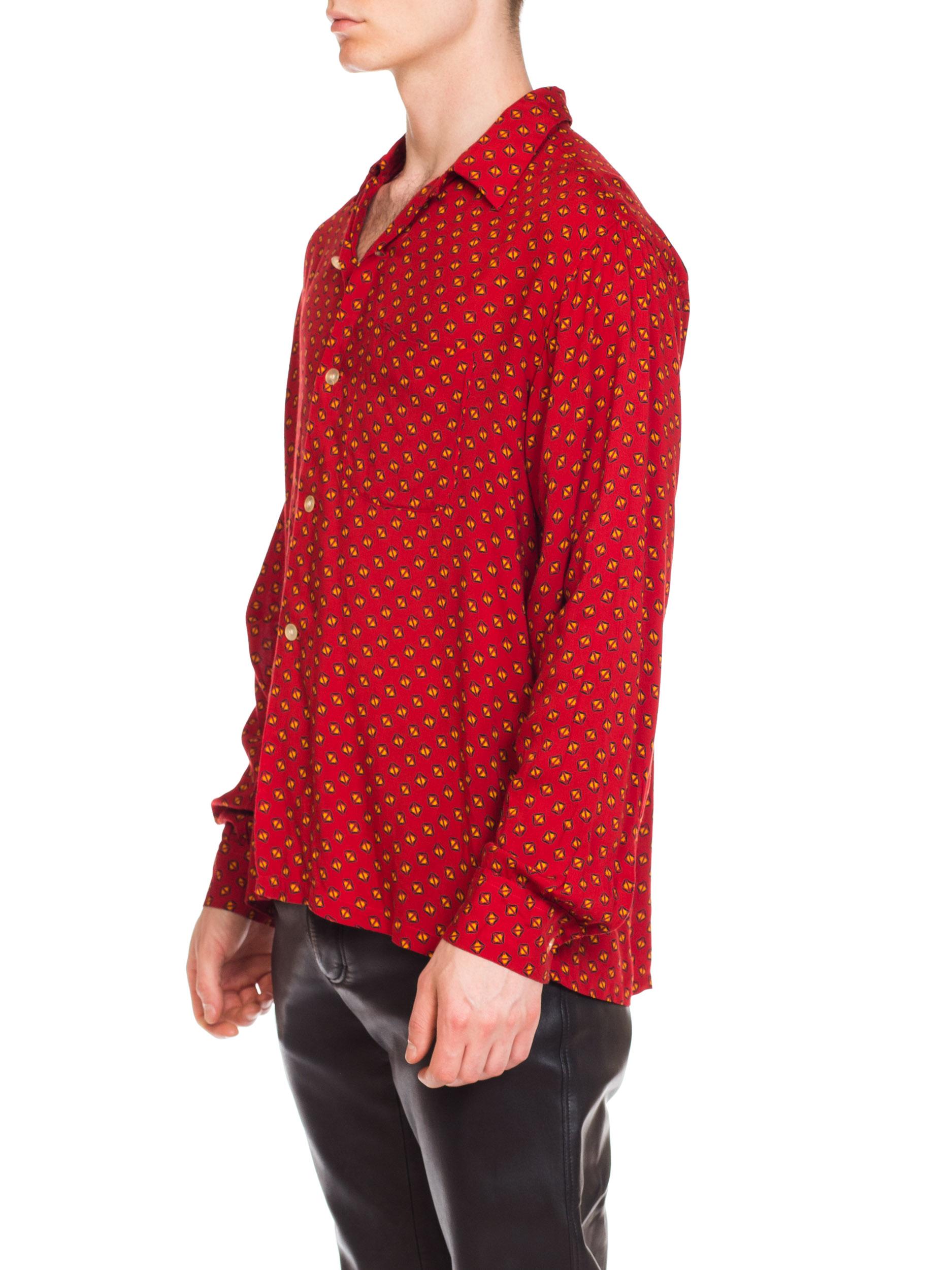 1940S Red Rayon Men's Printed Foulard Rockabilly Long Sleeve Shirt With Patch Pockets