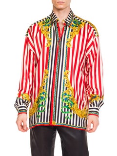 1990S GIANNI VERSACE Red & White Silk Men's Baroque Stripe Shirt