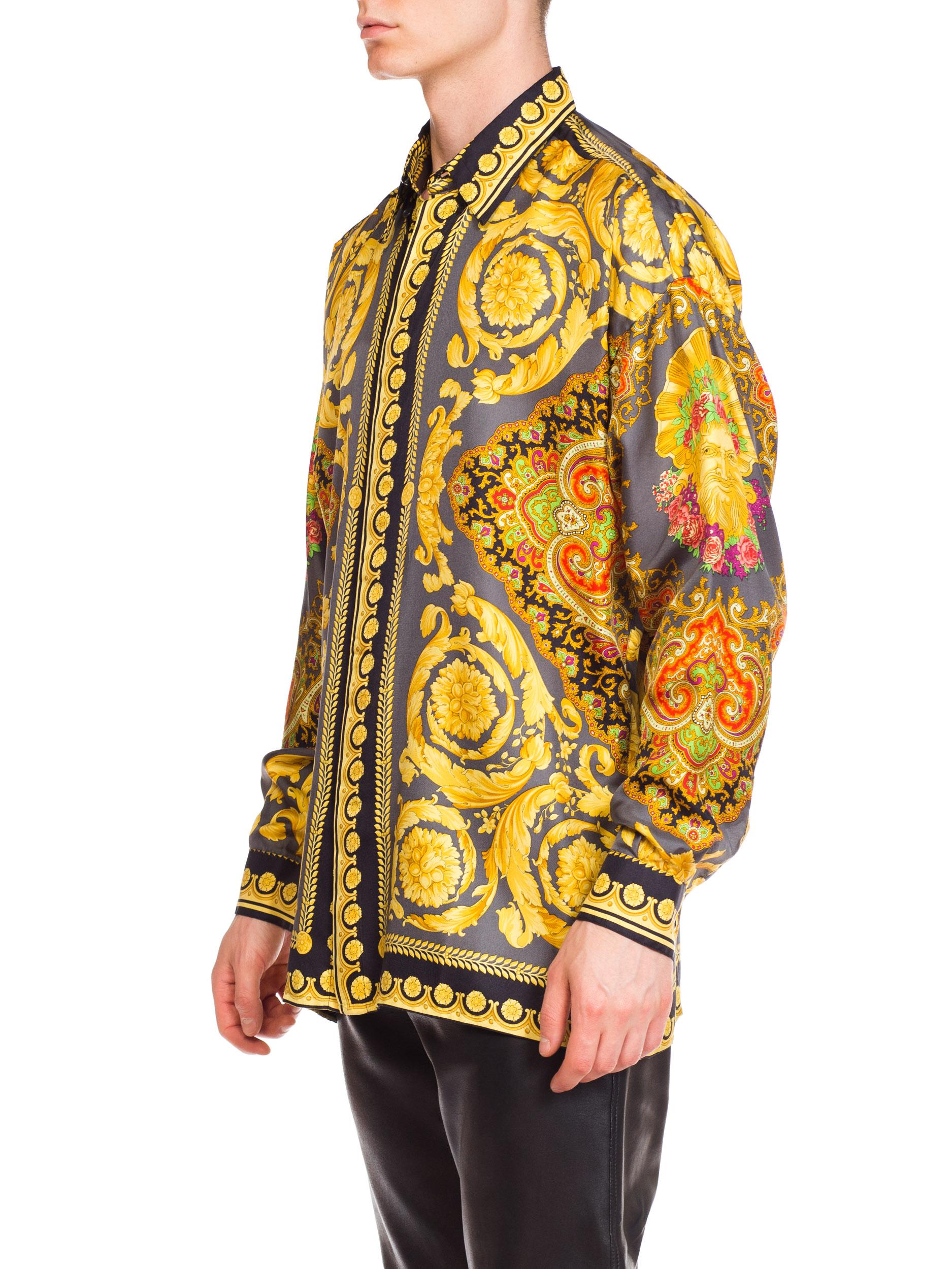 Brown Gianni Versace Men's Baroque Silk Paisley Shirt, 1990s