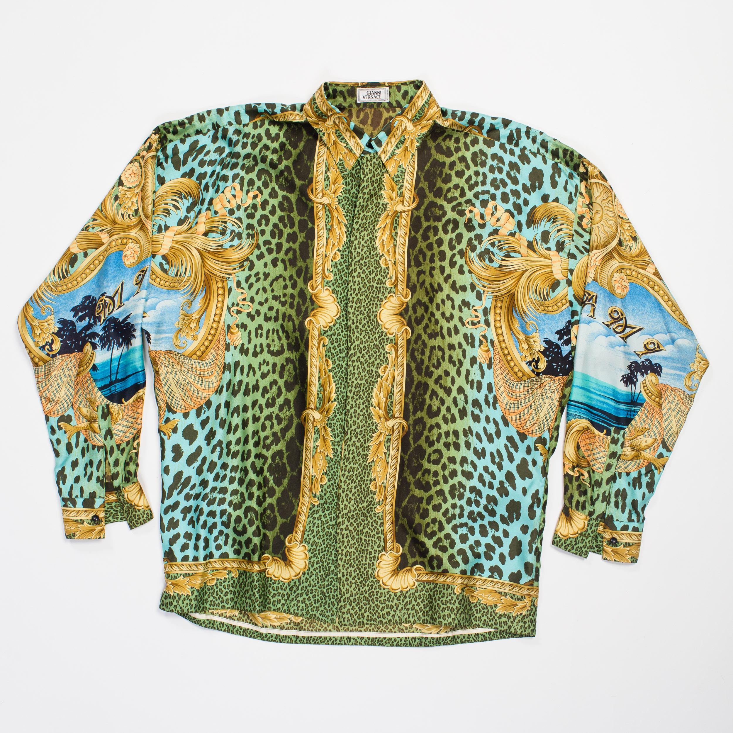 1990s Gianni Versace Miami Leopard Baroque Silk Shirt