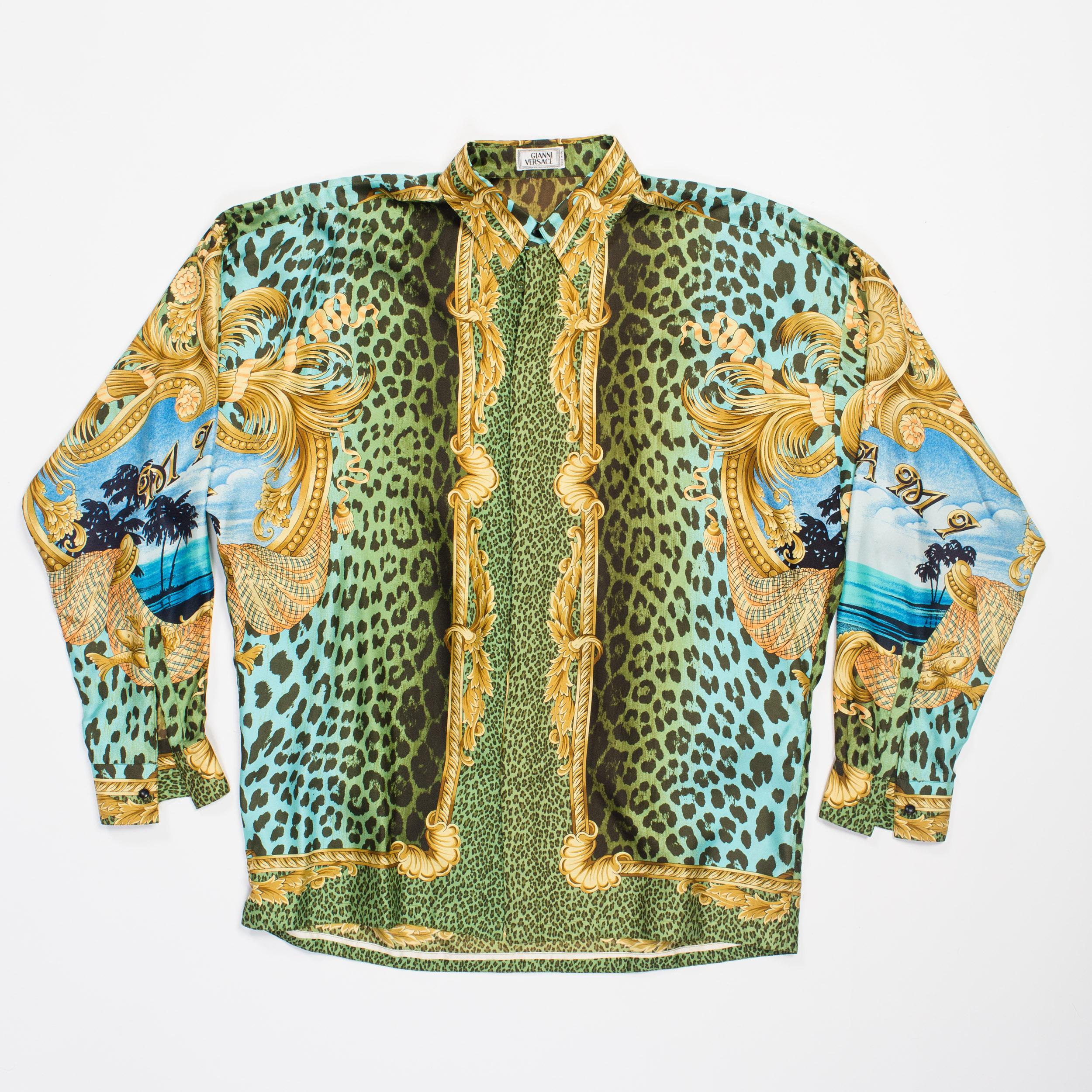 Brown Gianni Versace Miami Leopard Baroque Silk Shirt, 1990s 