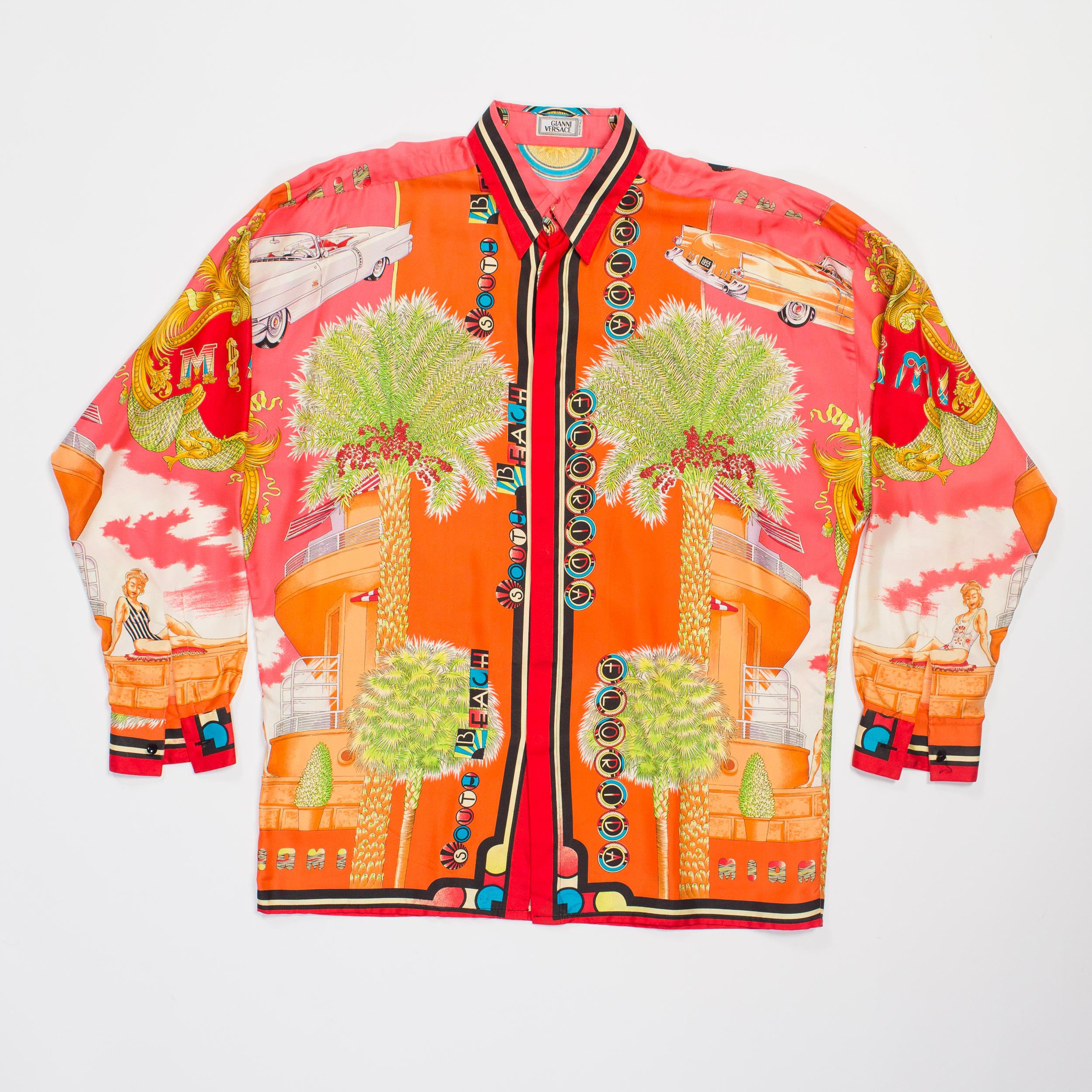 Orange 1990s Mens Gianni Versace South Beach 50s Pin Up Cadellac Silk Shirt Miami