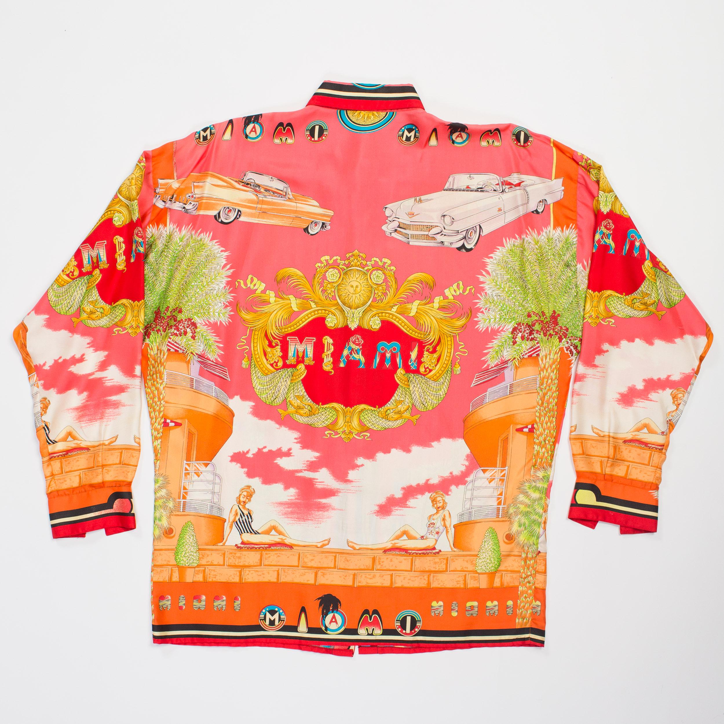 1990s Mens Gianni Versace South Beach 50s Pin Up Cadellac Silk Shirt Miami 2