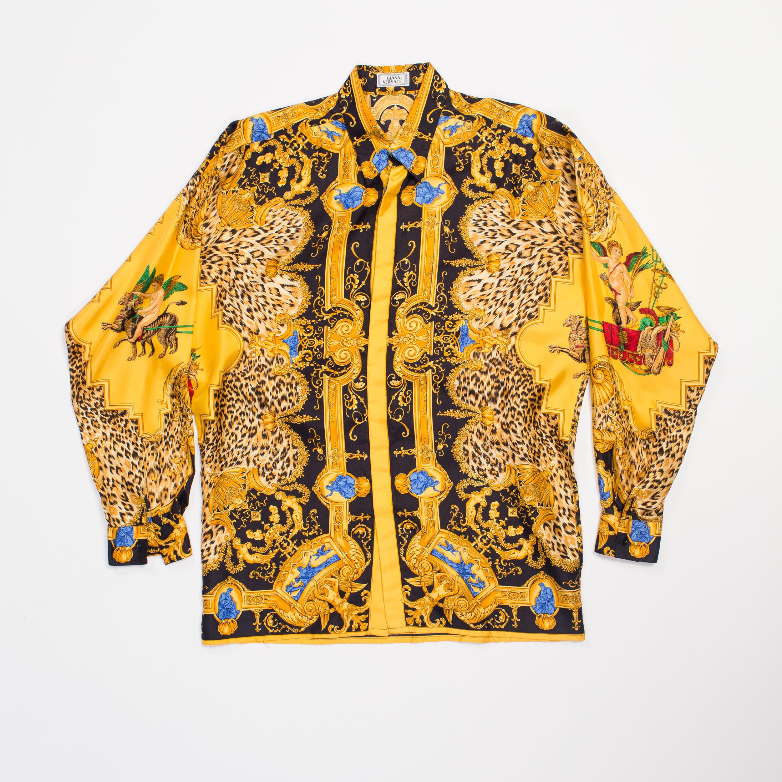1990s Gianni Versace Leopard Baroque Printed Silk Shirt  1