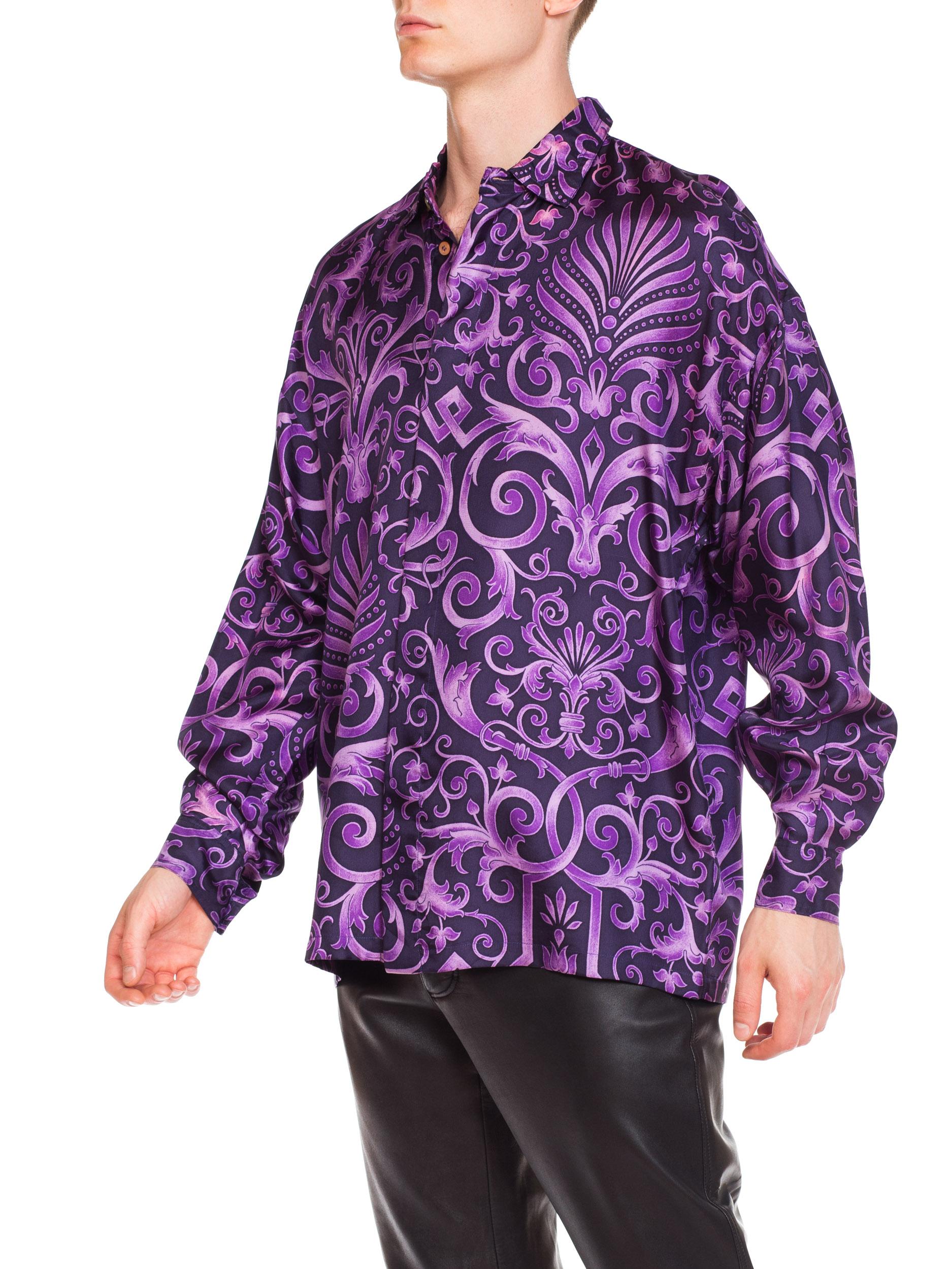 1990s Men's Gianni Versace Purple Baroque Print Silk Shirt From 1990-1992