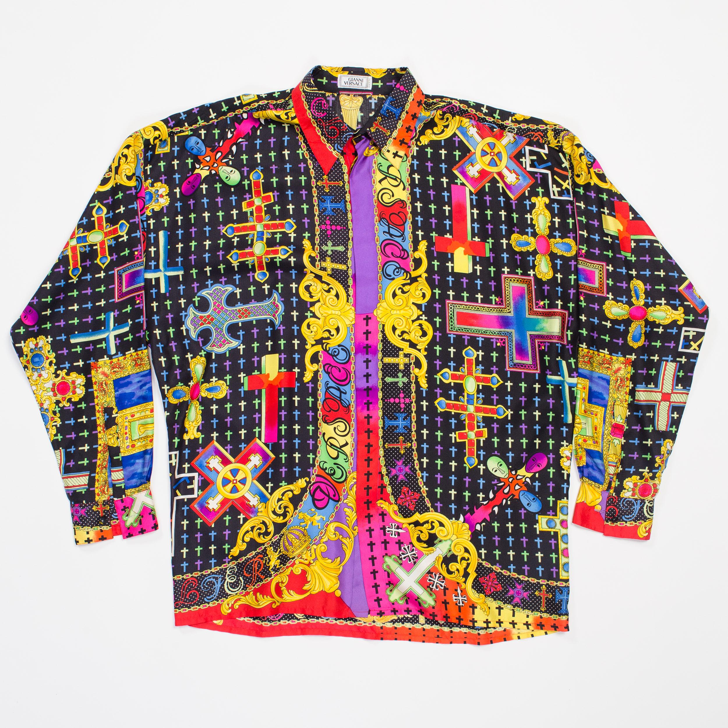 1990s Men's Gianni Versace Baroque Silk Shirt With Crosses 
