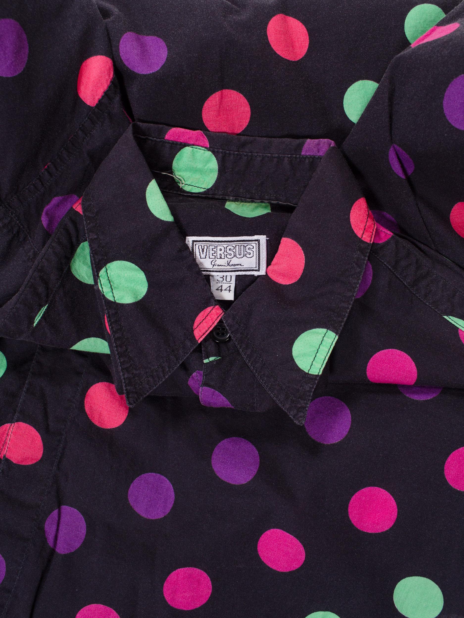 Black 1990S VERSUS BY GIANNI VERSACE Cotton Men's Neon Polka Dot Shirt Sz 44